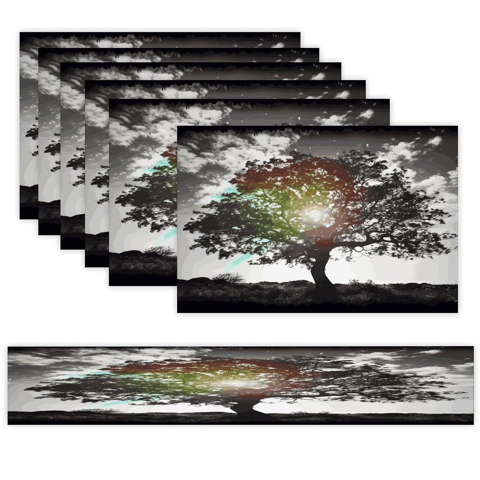 Tree Art Table Runner and Placemats Set of 6 Heat Resistant Table Runner Place Mats Modern Cloth Table Mat Washable Linen Placemat Festive Reusable Set