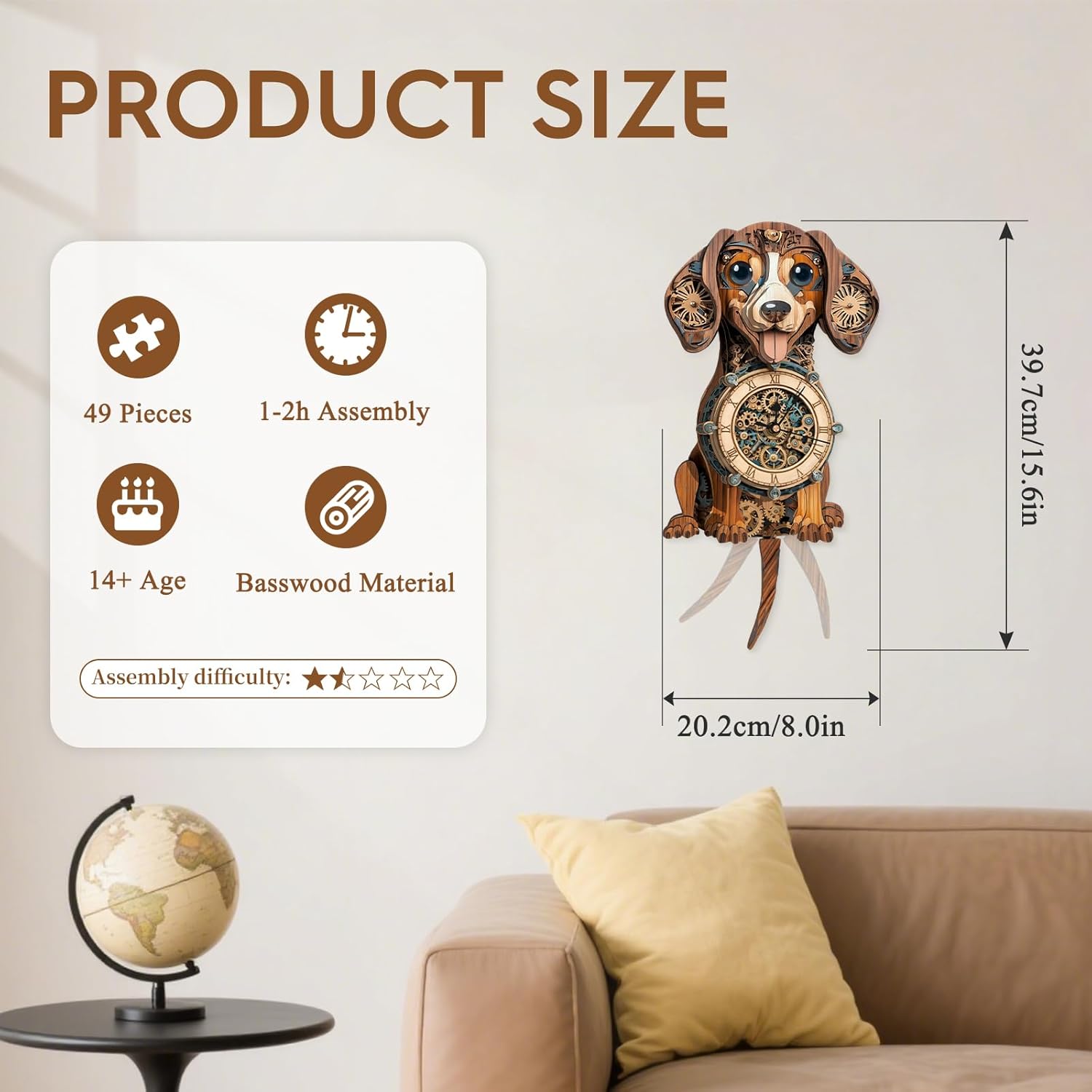 3D Puzzles for Adults Clock-Dachshund Design Model Kit-Mechanical DIY Pendulum Clock with Roman Numerals-Desk Home Office Decor Personalized Gift for DIY Lovers