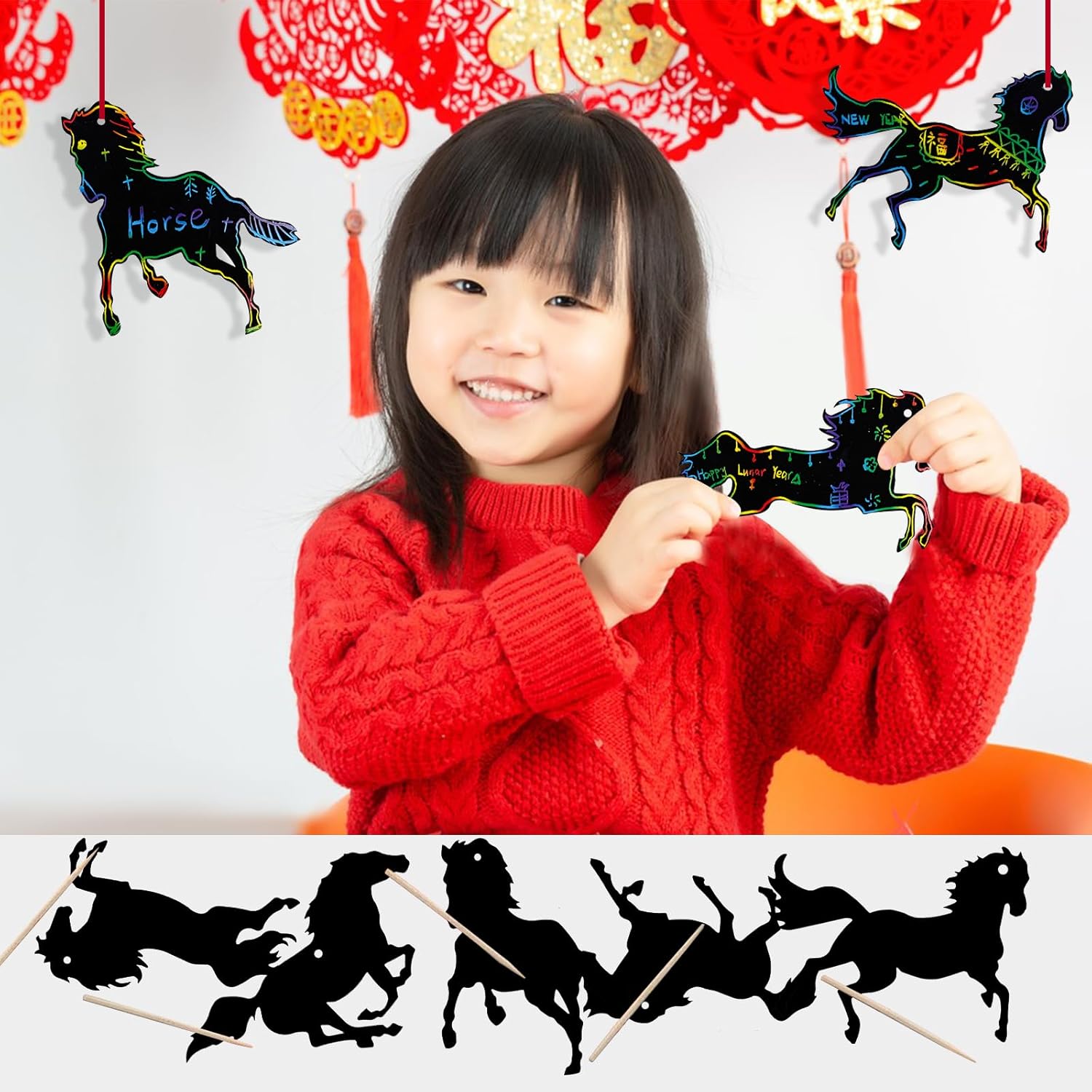 Sitroasho 60 Set 2026 Chinese New Year Scratch Paper Crafts Lunar New Year Horses Crafts Decorations DIY Scratch Cards Hanging Ornaments for Spring Festival Party Favors Home Classroom Decor