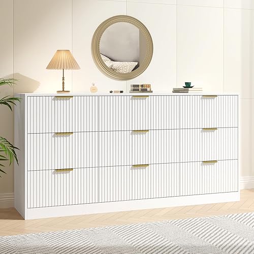 Miniatura 20 de Cómoda blanca con 7 cajones para dormitorio, cómoda acanalada de 55 pulgadas de ancho con asas doradas, cómoda moderna para dormitorio, armario,