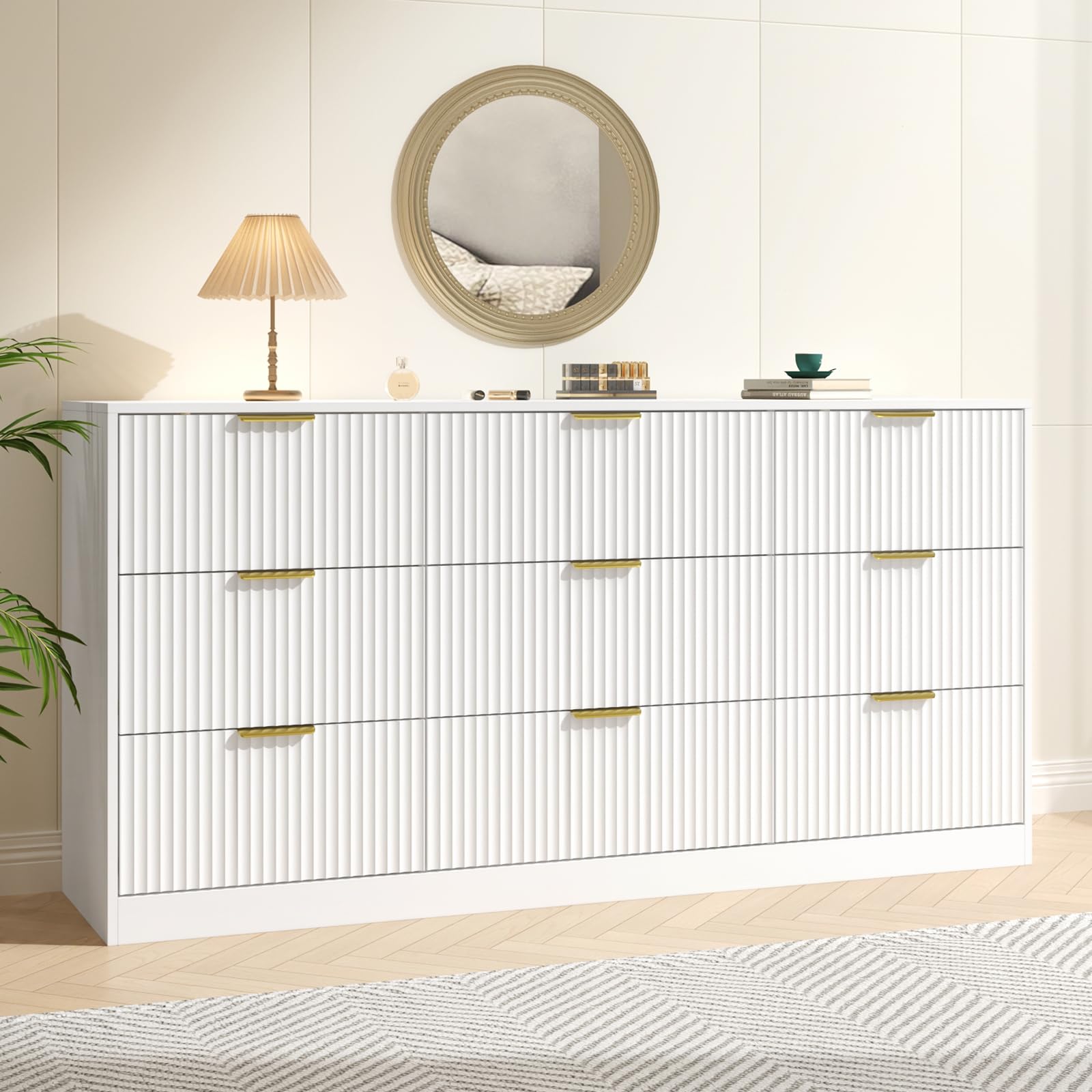 Amazon.com: NOVAMAISON White Dresser for Bedroom with 9 Drawers, 63 Wide  White Fluted Dresser Modern Chest of Drawers with Gold Handles, Wooden TV  Stand Storage Organizer for Bedroom, Living Room : Home