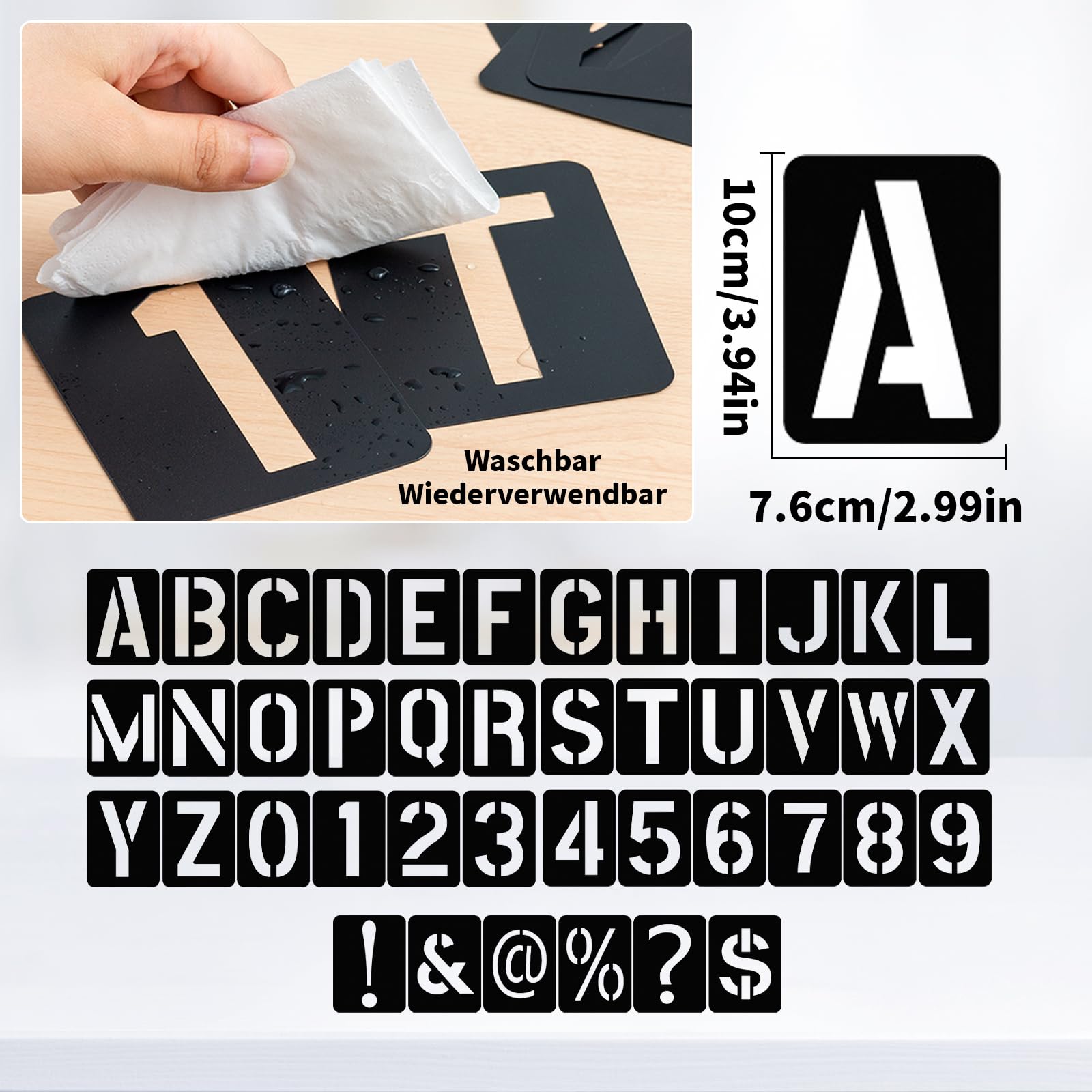 42-teiliges Schablonen-Set Mit 3 Pinseln – Buchstaben, Zahlen, Symbole, Aus PET-Kunststoff, Wiederverwendbar