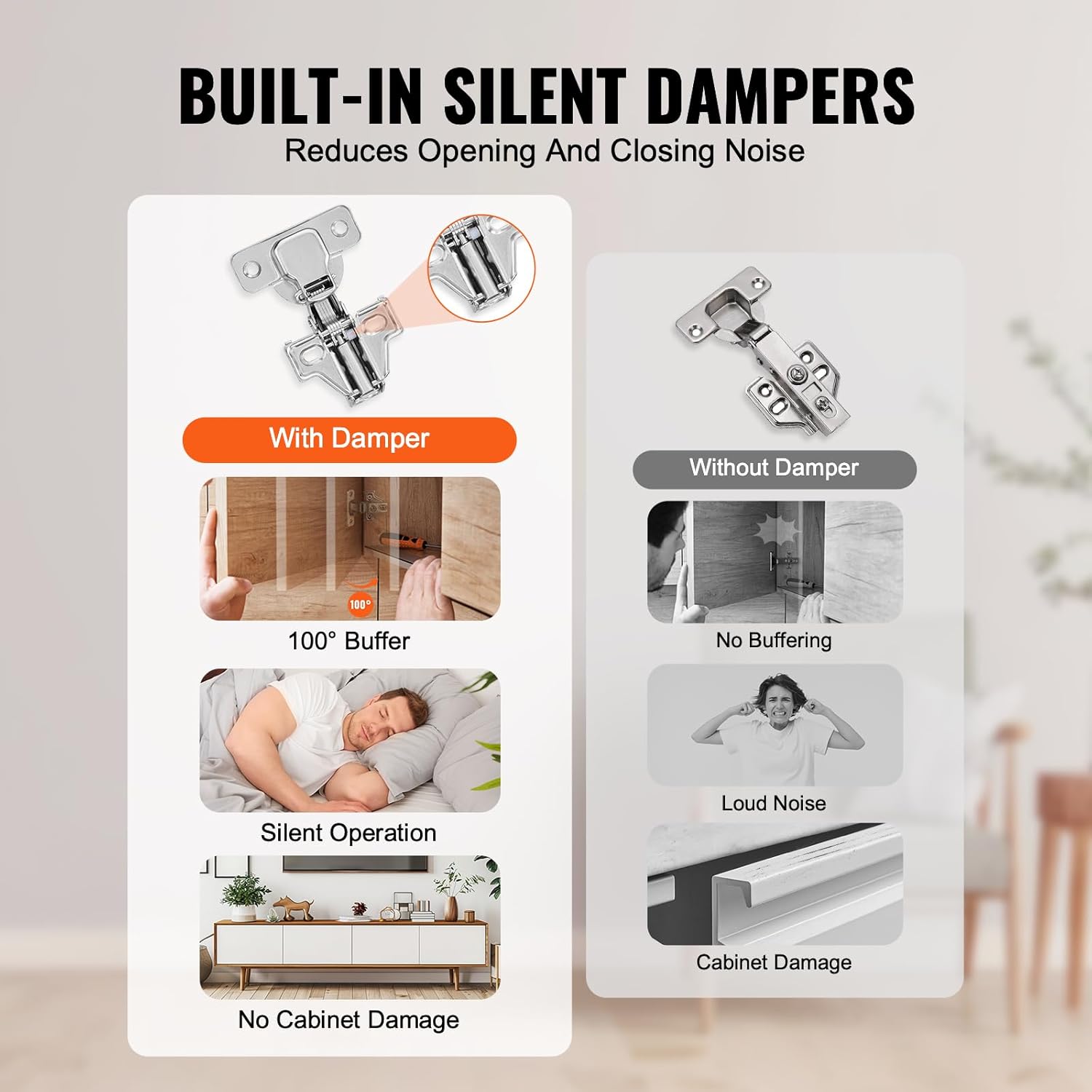 VEVOR Cabinet Hinges, 60 Pack Partial Overlay, 100 Degree Opening Angle Soft Close Concealed Hinges for Framed + Frameless Cabinets, with Mounting Screws