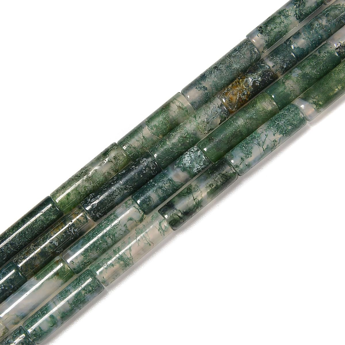 Real Green Moss Agate Tube Beads 4x13mm Natural Stone Semi Precious Gemstone Cylinder Loose Beads for Jewelry Making 15 inches(28-30pcs)