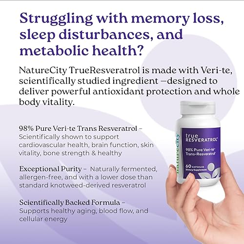 Miniatura 4 de NatureCity TrueResveratrol - Suplemento de resveratrol y apoyo antienvejecimiento con 75 mg de trans-resveratrol (98% de verific-te puro) para la