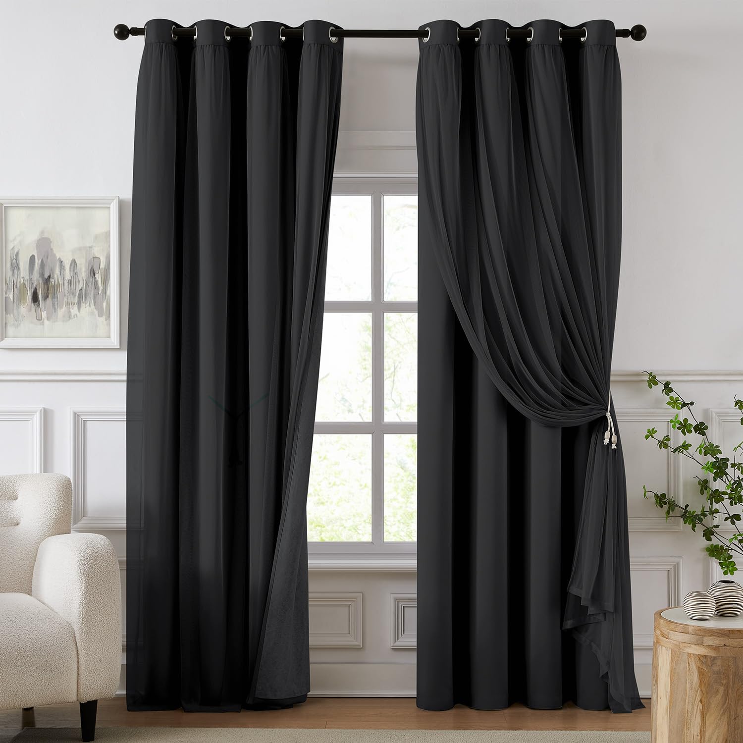 100% Blackout Curtains for Bedroom, Double Layer Black 90" L