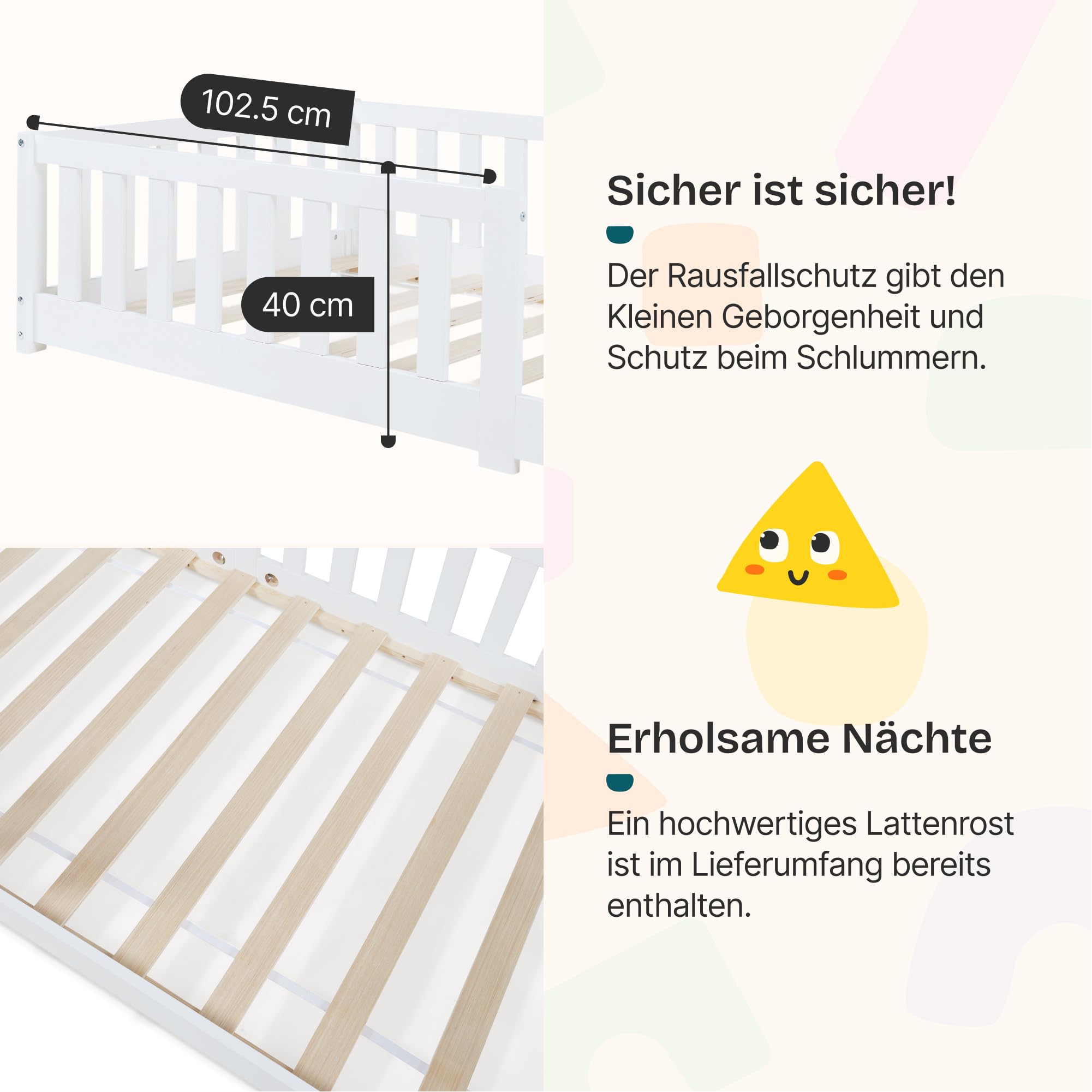 [en.casa] Kinderbett Tanna Bodenbett 90 x 200 cm Holzbett für Kinder mit Rausfallschutz Montessori Bettgestell mit Lattenrost Kiefernholz Weiß