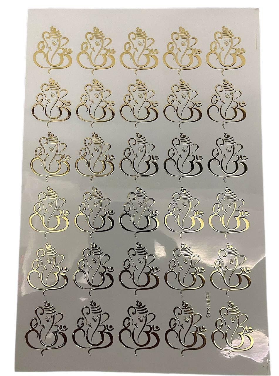 30-in-1 Ganesh Ji Golden Embossed Stickers – A5 Size Sheet | 1.5 Inch Each | Foil Stickers for Resin Art, Tray Inserts, MDF Décor, Pooja & Diwali Gifting