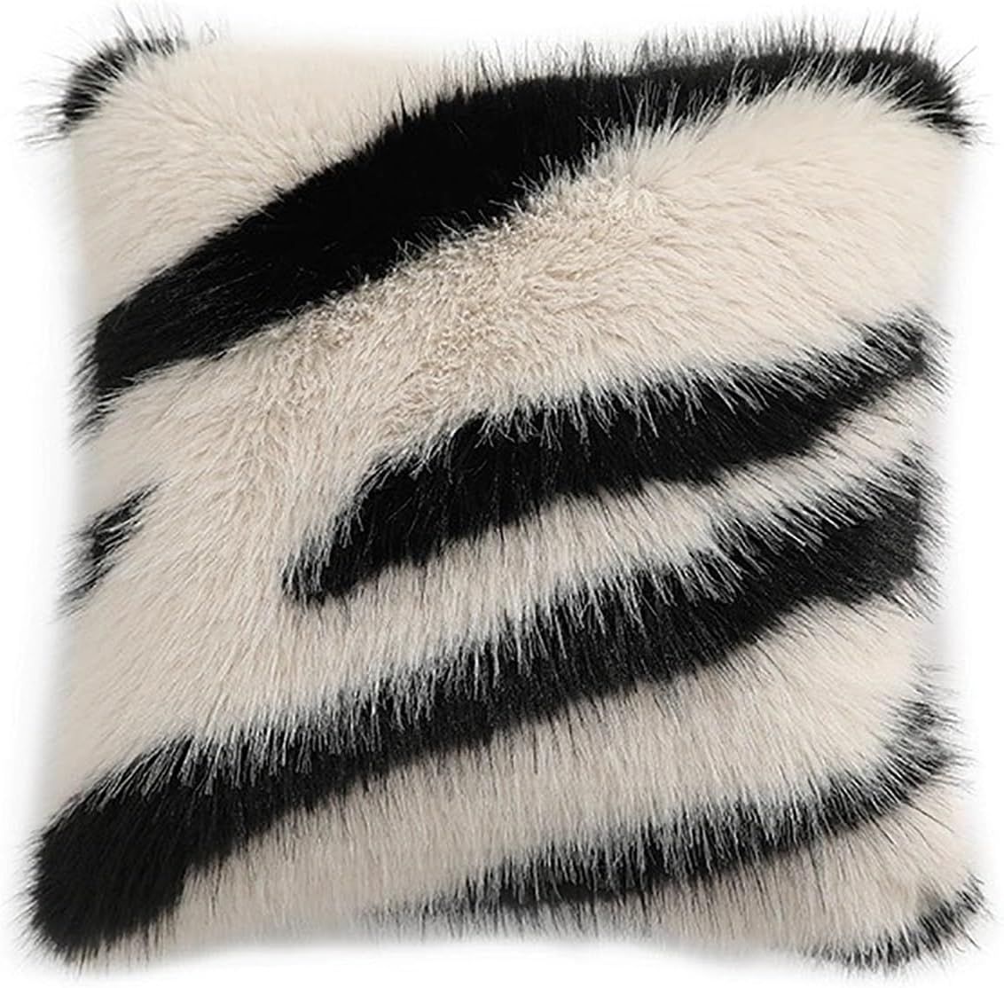 Fennco Styles Zebra Stripe Faux Fur Animal Design Decorative Throw Pillow Cover 18" W x 18" L – White Plush Cushion Case for Couch, Bedroom, Living Room and Office Décor