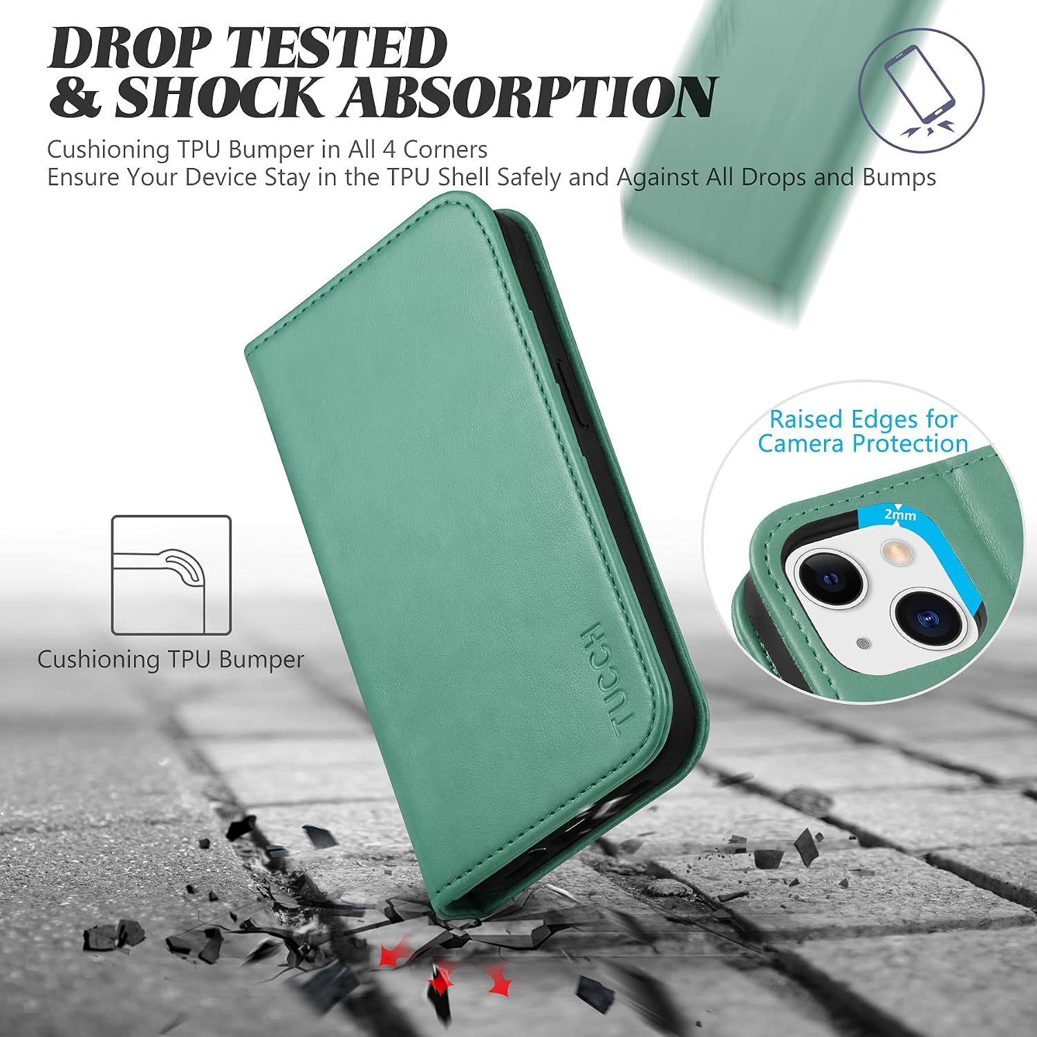 TUCCH Case for iPhone 13 Mini 5G, PU Leather Stand Folio Wallet with [Credit Card Slot] Flip Notebook Cover [TPU Protective Interior Case] Compatible with iPhone 13 Mini 5.4-inch 2021, Myrtle Green
