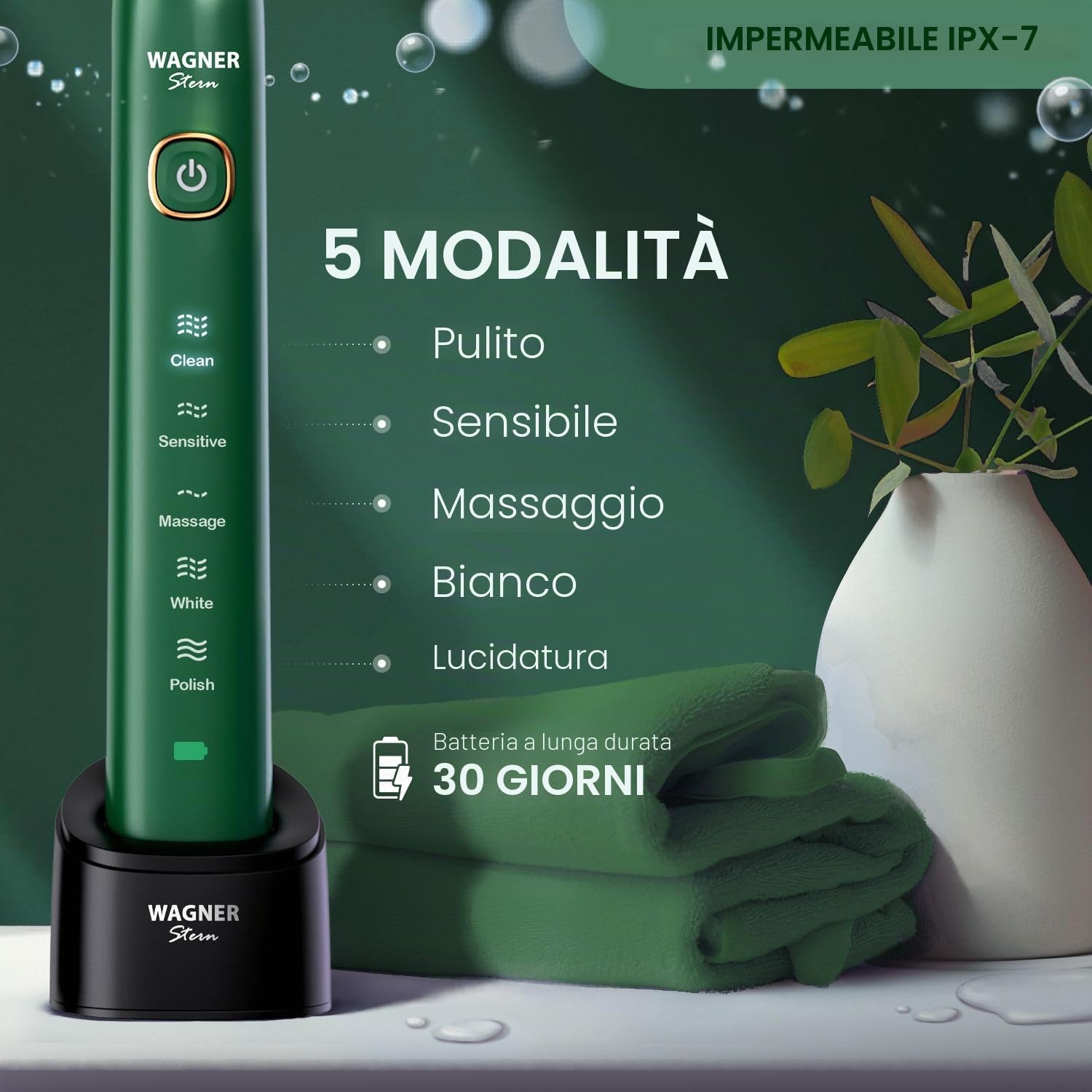 Wagner Stern Lo spazzolino elettrico Sapphier Blue Edition sbiancante ad ultrasuoni presenta cinque modalità di spazzolatura, otto testine morbide e una lussuosa custodia da viaggio.