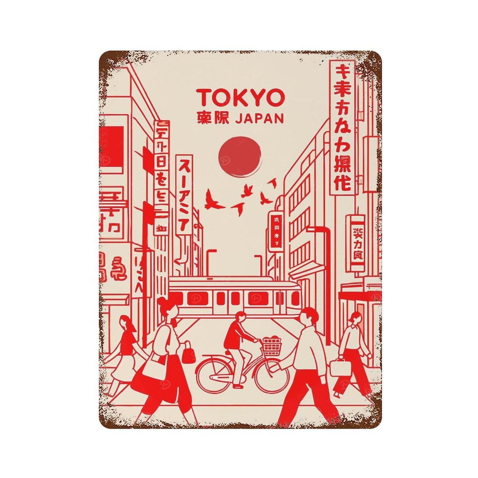 Retro Metal Sign with Tokyo Japan Cityscape Red And Beige Design 15.7"x11.8", for Shed, Workshop And Garage Wall Decor, Industrial Home Decor