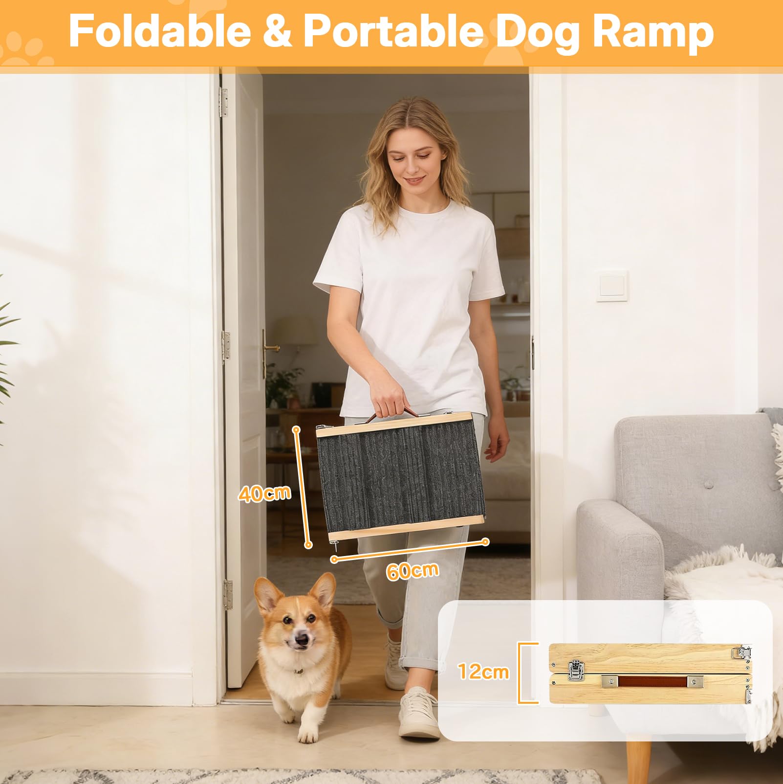 Rampa Plegable de Madera para Perros, con Ajuste de Altura en 6 Posiciones, 120 cm de Largo, con Alfombrilla Antideslizante, para Perros Pequeños y Medianos, También para Gatos