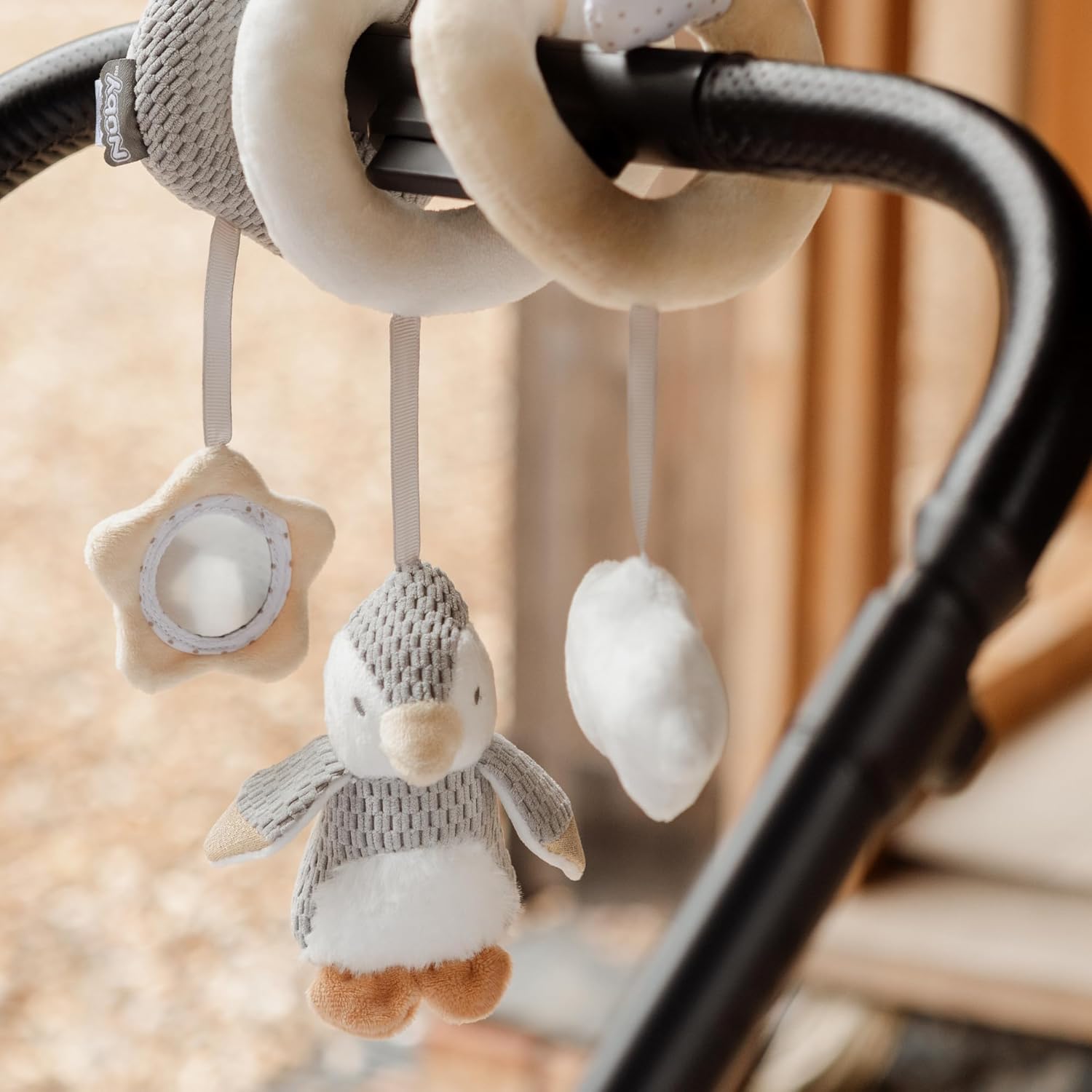 Nuby Penguin Activity Spiral Toy for Pram, Carseat or highchair. Ideal for Travel, Baby Plush Car Seat Toy