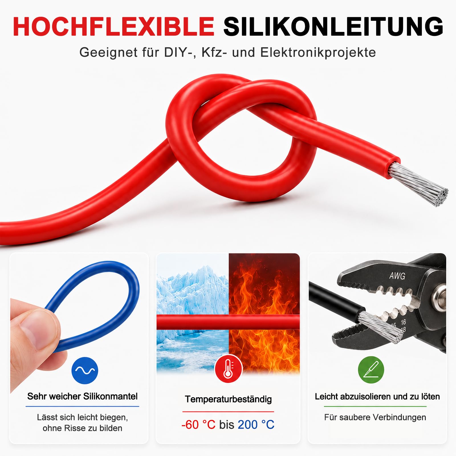 18 AWG Silikon Kabel Set 0,75 mm², 8 Farben 10 m pro Rolle, Extra Flexibler Litzendraht aus Verzinntem Kupfer, Komplett Set mit Schrumpfschlauch, Kabelbinder und Abisolierer für DIY, KFZ, RC, LED