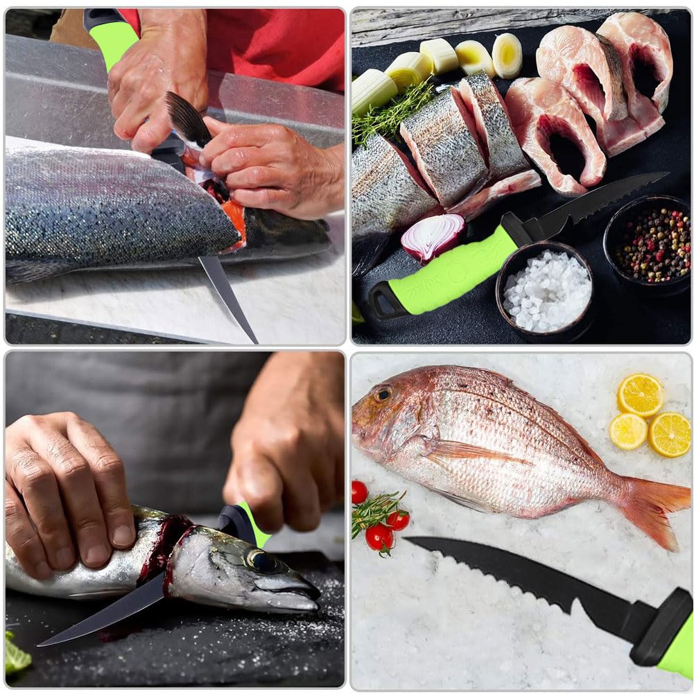 Comioke Couteau à Filet 7 Pouces, Couteau à Désosser, Couteaux à Désosser, Couteaux à Filet de Poisson avec Gaine de Protection et Affûteur (Vert)