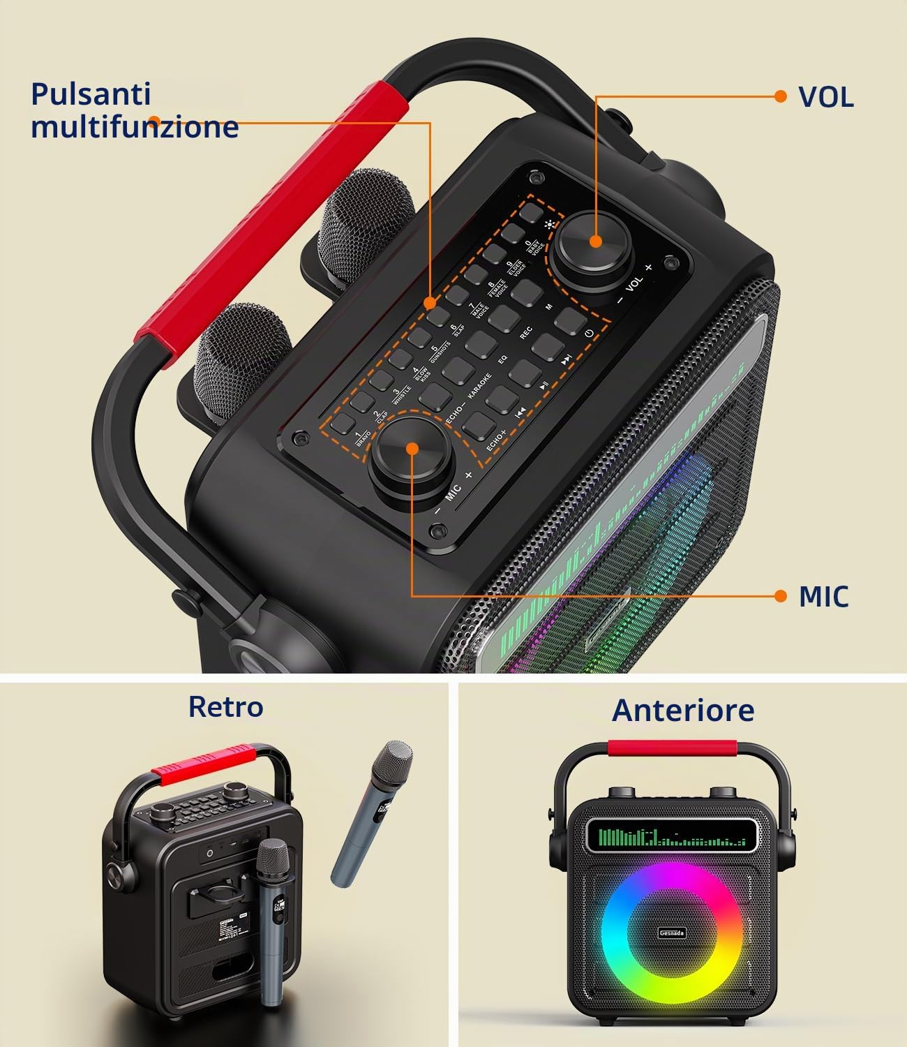 Karaoke con 2 Microfoni - Cassa Bluetooth Portatile e Potente, Karaoke Professionale Completo per Adulti con Supporto Bluetooth/TF/USB/AUX/TWS - Regalo Perfetto per Bambini, Famiglia e Amici