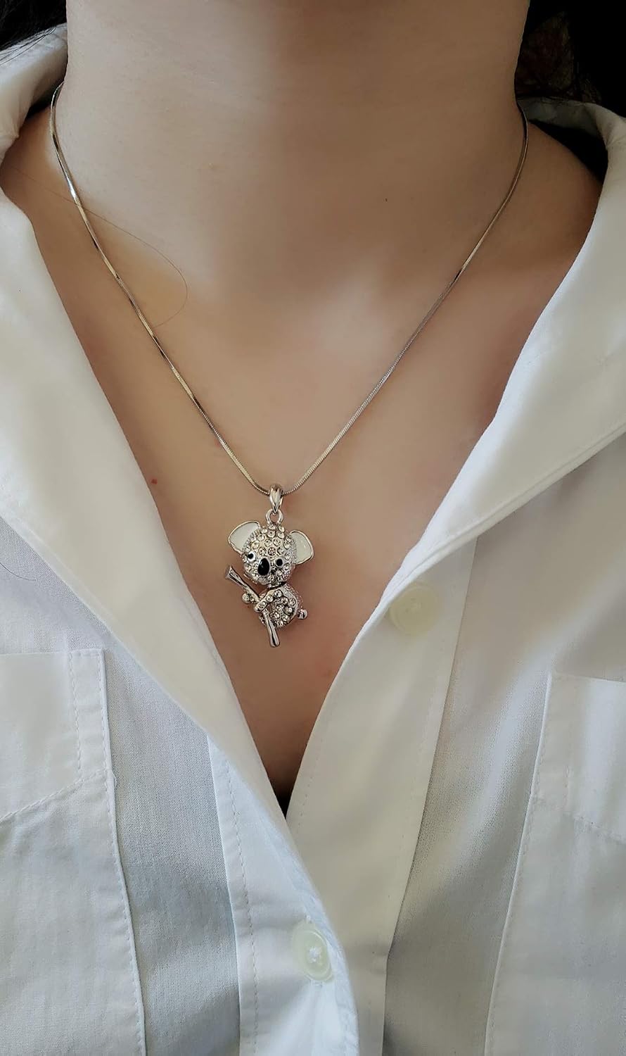 Adorable Silver Tone 3D Crystal Koala Bear Pendant Necklace