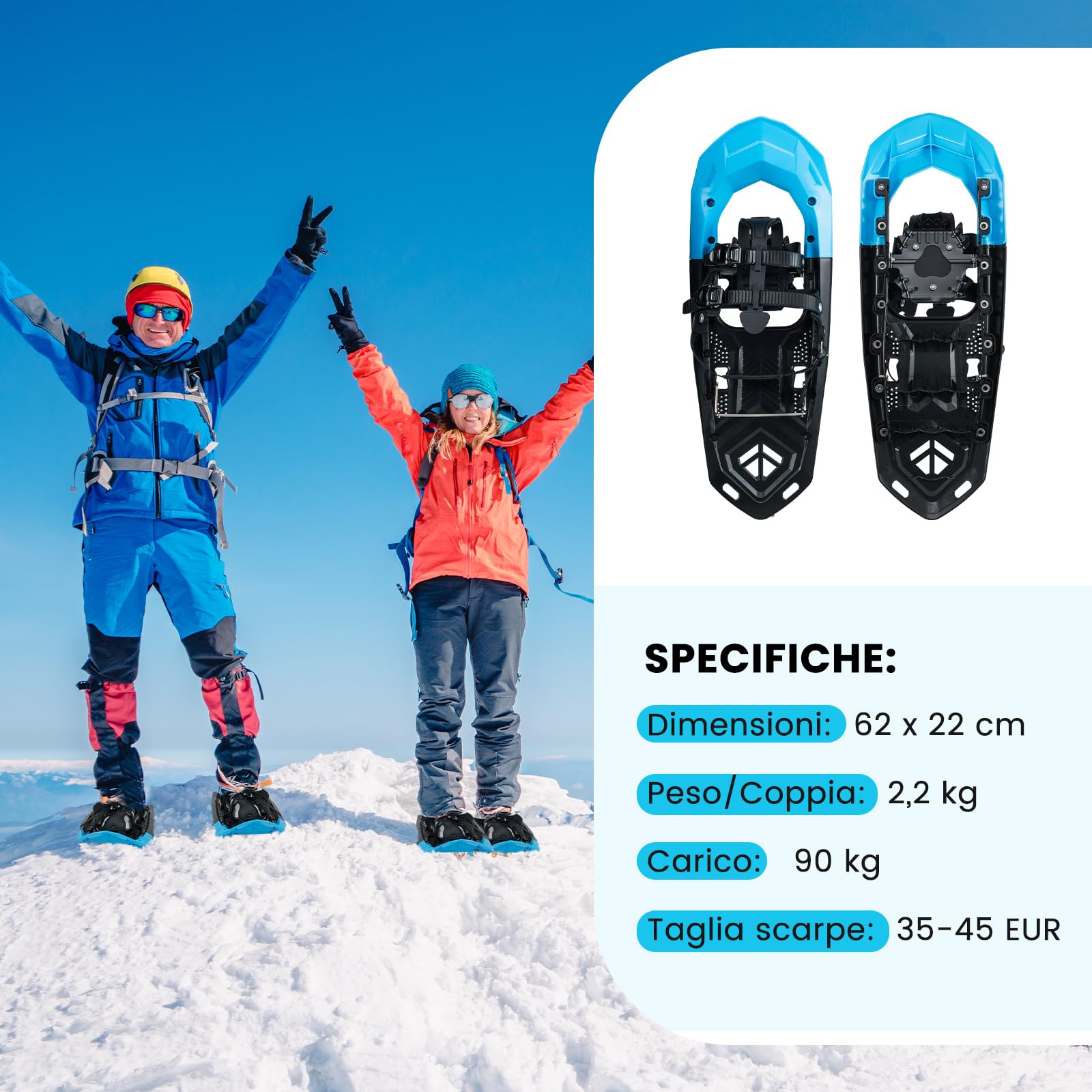 COSTWAY Set Racchette da Neve 35-45 per Uomo, Donna e Gioventù, Bastoncini da Trekking Telescopici 95-135 cm con Punte in Tungsteno, Dischi Neve e Dischi Fango, Ciaspole da Neve Leggere con Borsa