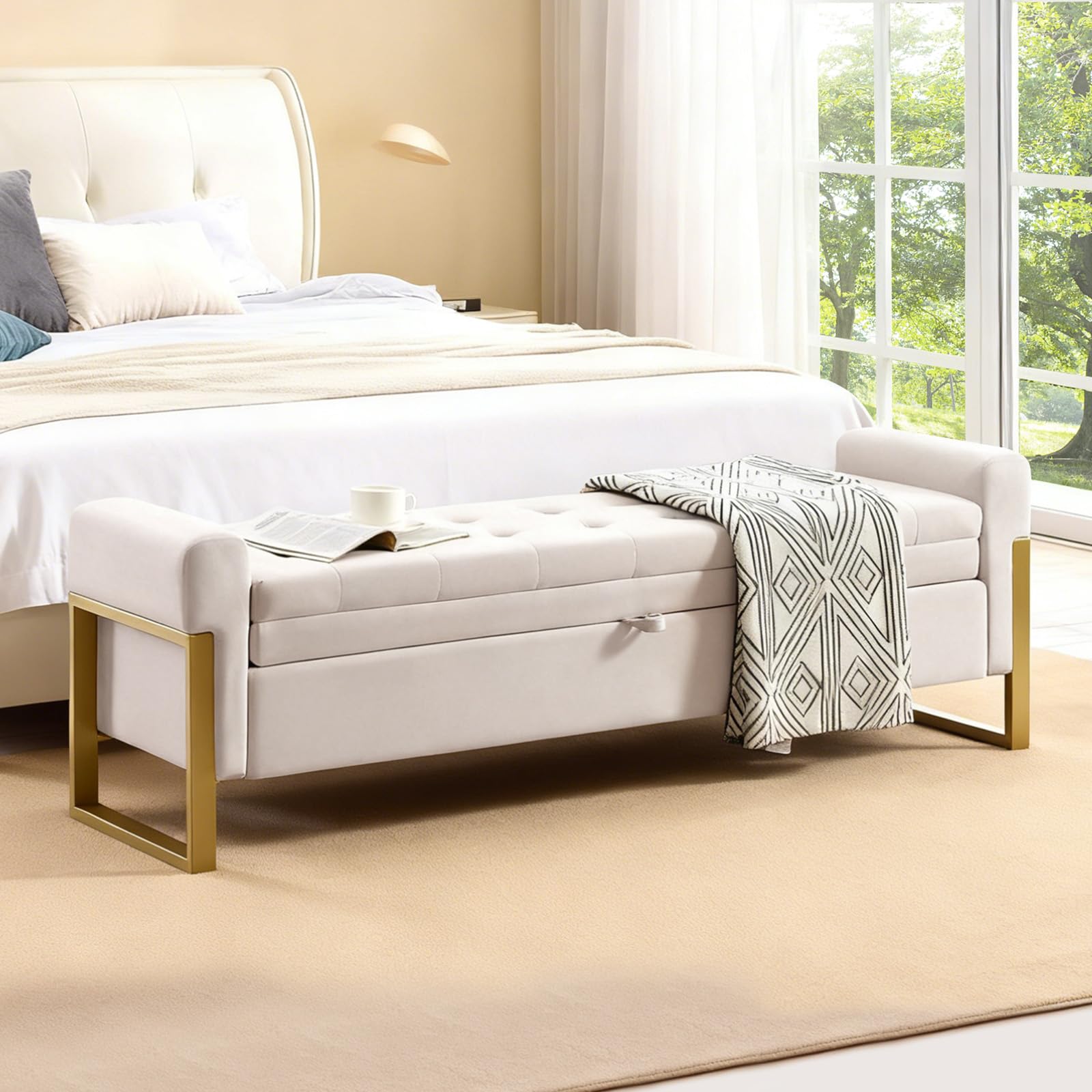 BaseBeauty 67" Storage Bench for Bedroom, King Size End of Bed Bench, Upholstered Storage Ottoman Bench with Golden Metal Legs, Bedroom Bench for