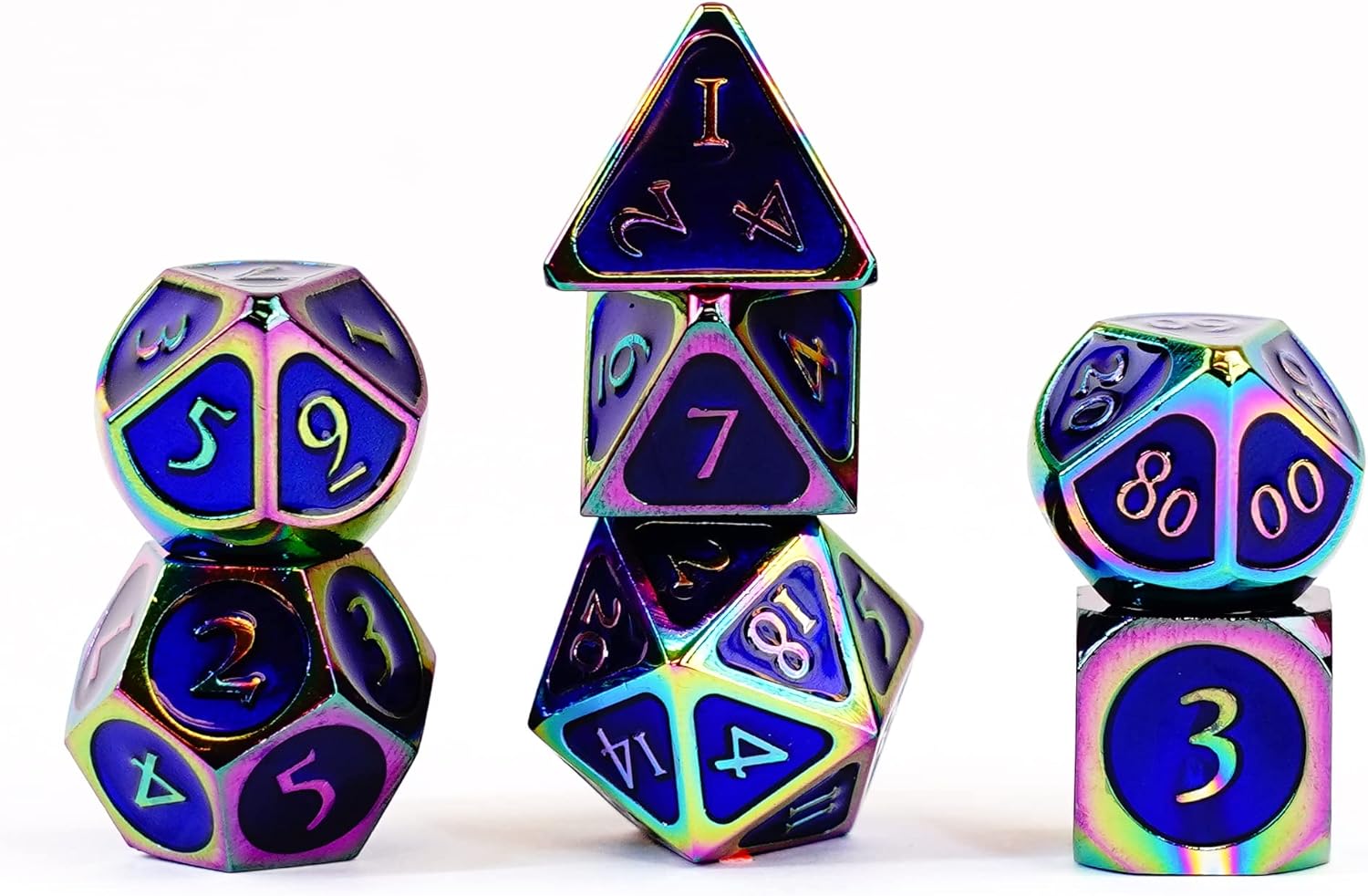 FanRoll 16mm Metal Polyhedral DND Dice Set: Rainbow w/Blue Enamel, Role Playing Game Dice for Dungeons and Dragons