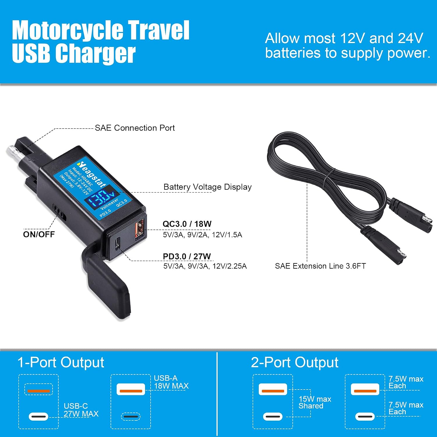 Heagstat H048AC Motorcycle USB PD3.0 Charger, SAE to USB-C and USB-A Port Adaptor, Compatible for Phone Tablet etc. with Voltmeter and Hand-Operated on/Off