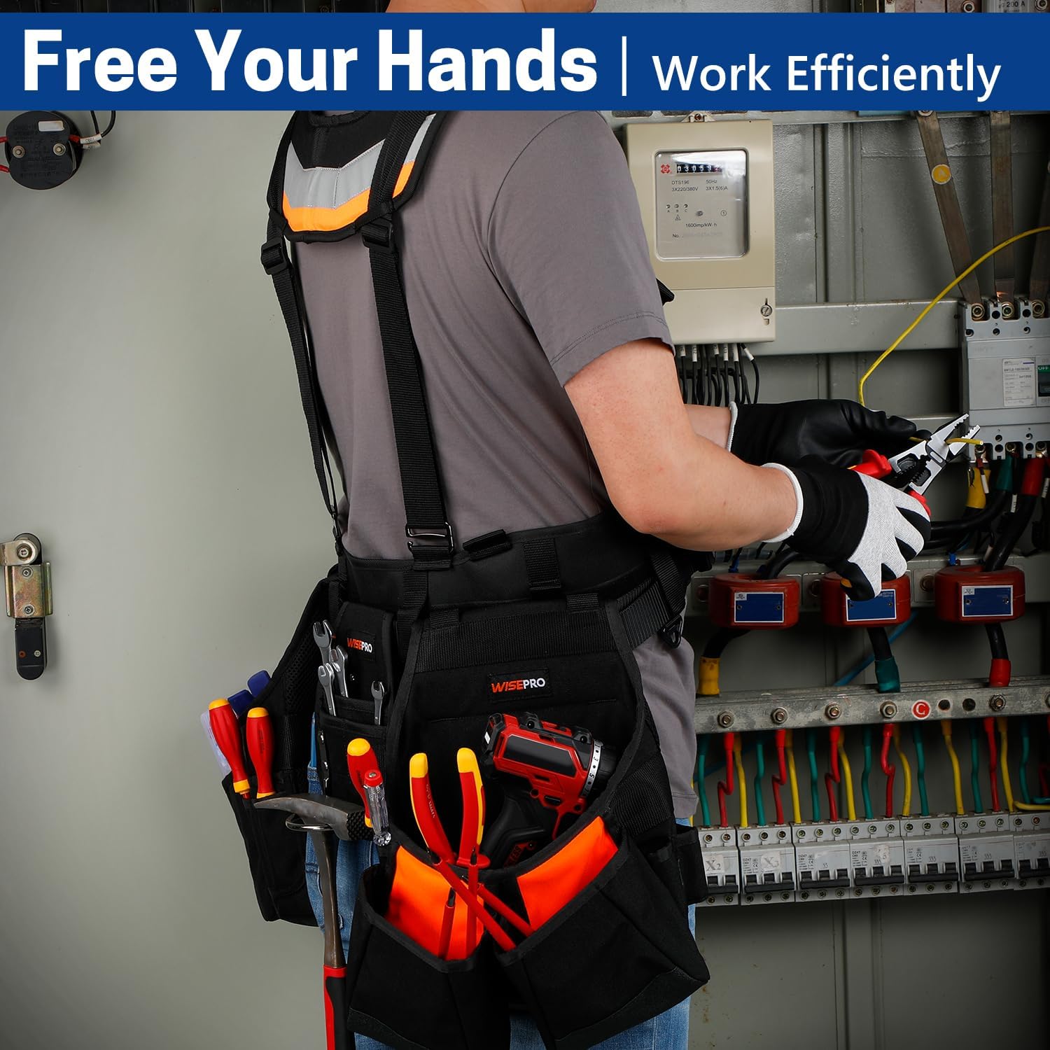 Tool Belt with Suspenders, Heavy Duty Adjustable Detachable Electrician Tool Pouch Belt, Utility Work Belts Suspenders for Men Electrician Carpenter Framers