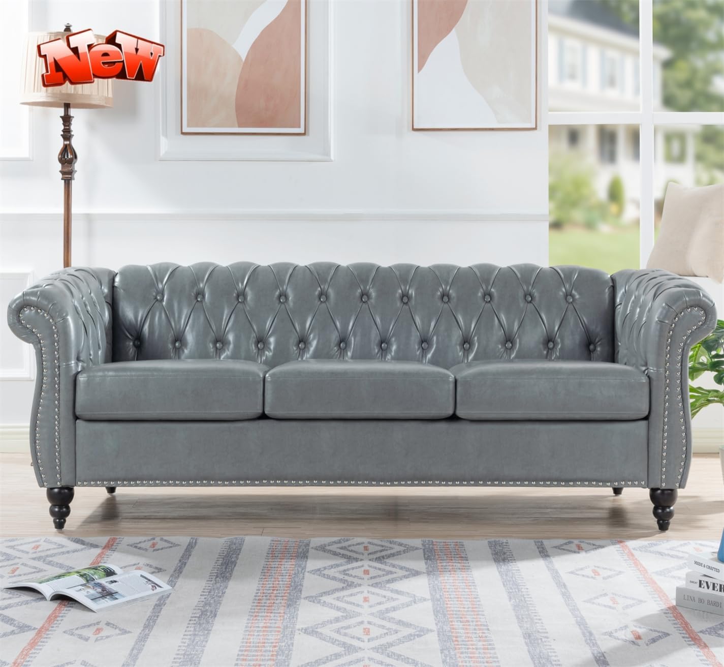 VENYAAHigher Quality and Stronger 84.65" PU 3 Seater Sofa Couch with Enhanced Legs and Rolled Arm for Living Room Office, Thickened Reinforced 3 Seater Leather Couch (Easier to Assemble) (Grey)