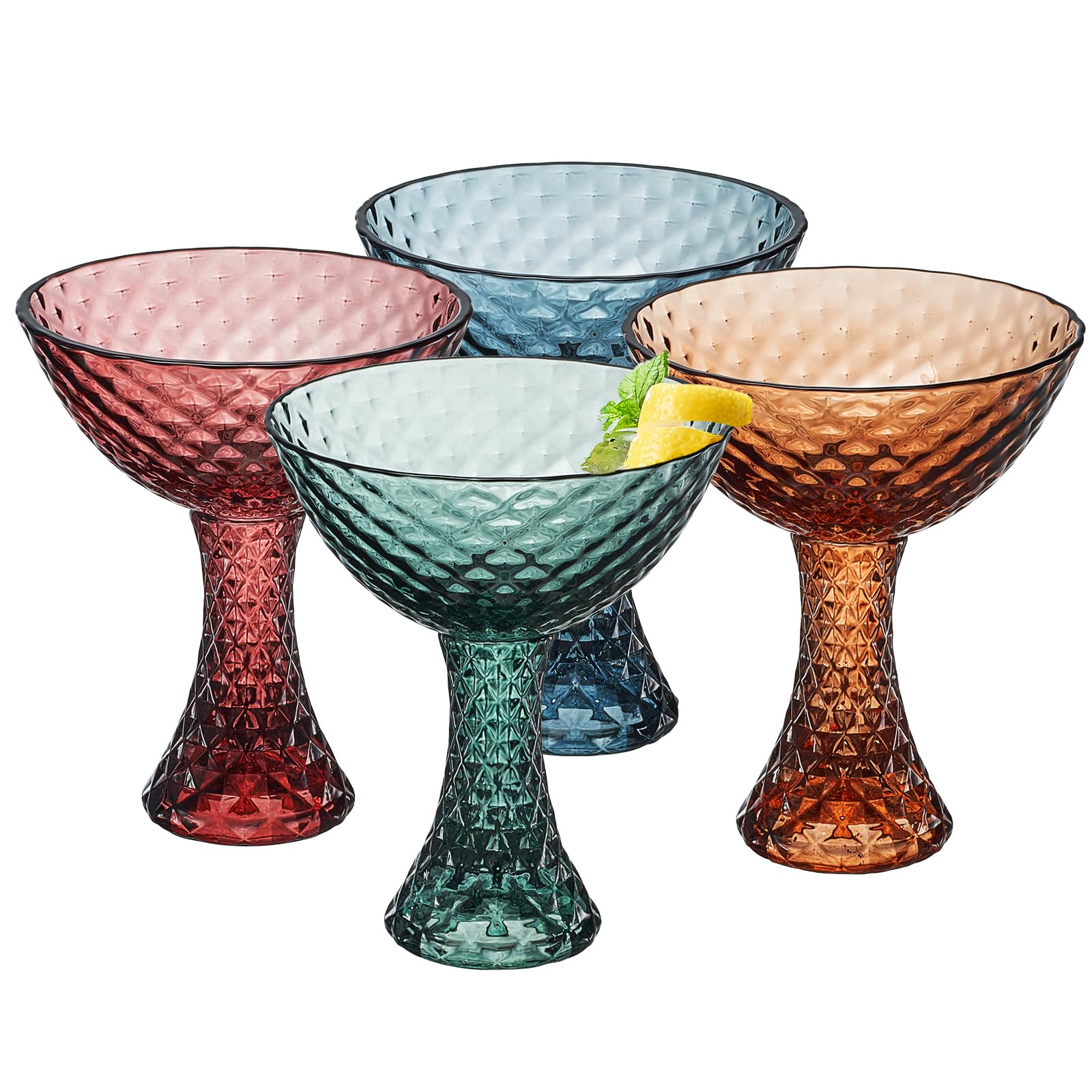 Khen Farbige Glasgläser, 4er-Set, große Art-Deco-Glaswaren, gedeckte Vintage-Gläser für Wein, Champagner, Cocktail, Margarita, Weinglas, Geschenkidee, gedeckte Pastellfarben, Kelche – strukturiertes