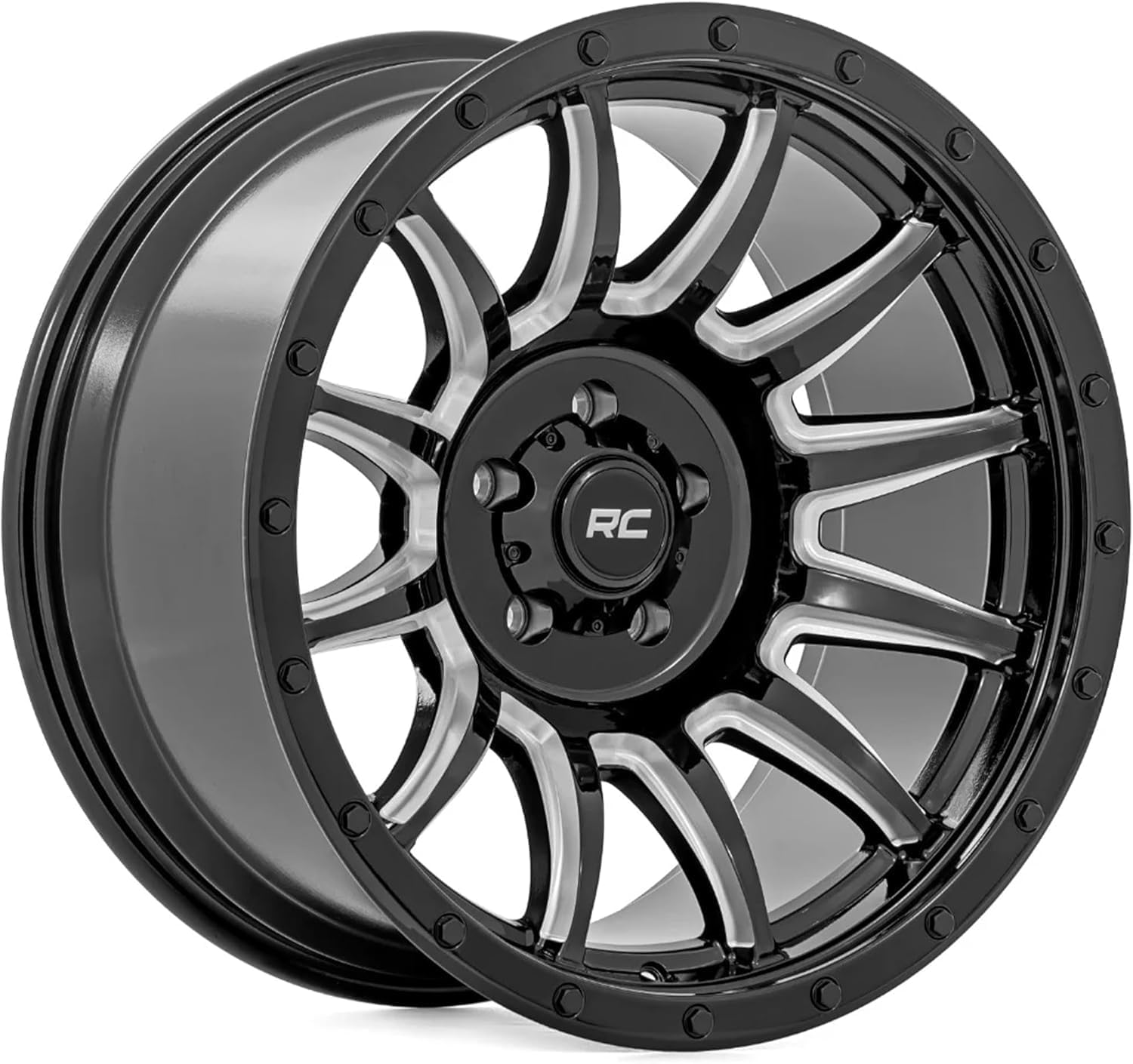 Rough Country 90 Series 18x9 Wheel - 6x5.5" Bolt Pattern, +0mm Offset, One Piece Aluminum Rim, Gloss Black Finish with Machined 12-Spoke Design for Trucks, Jeeps, Off-Road