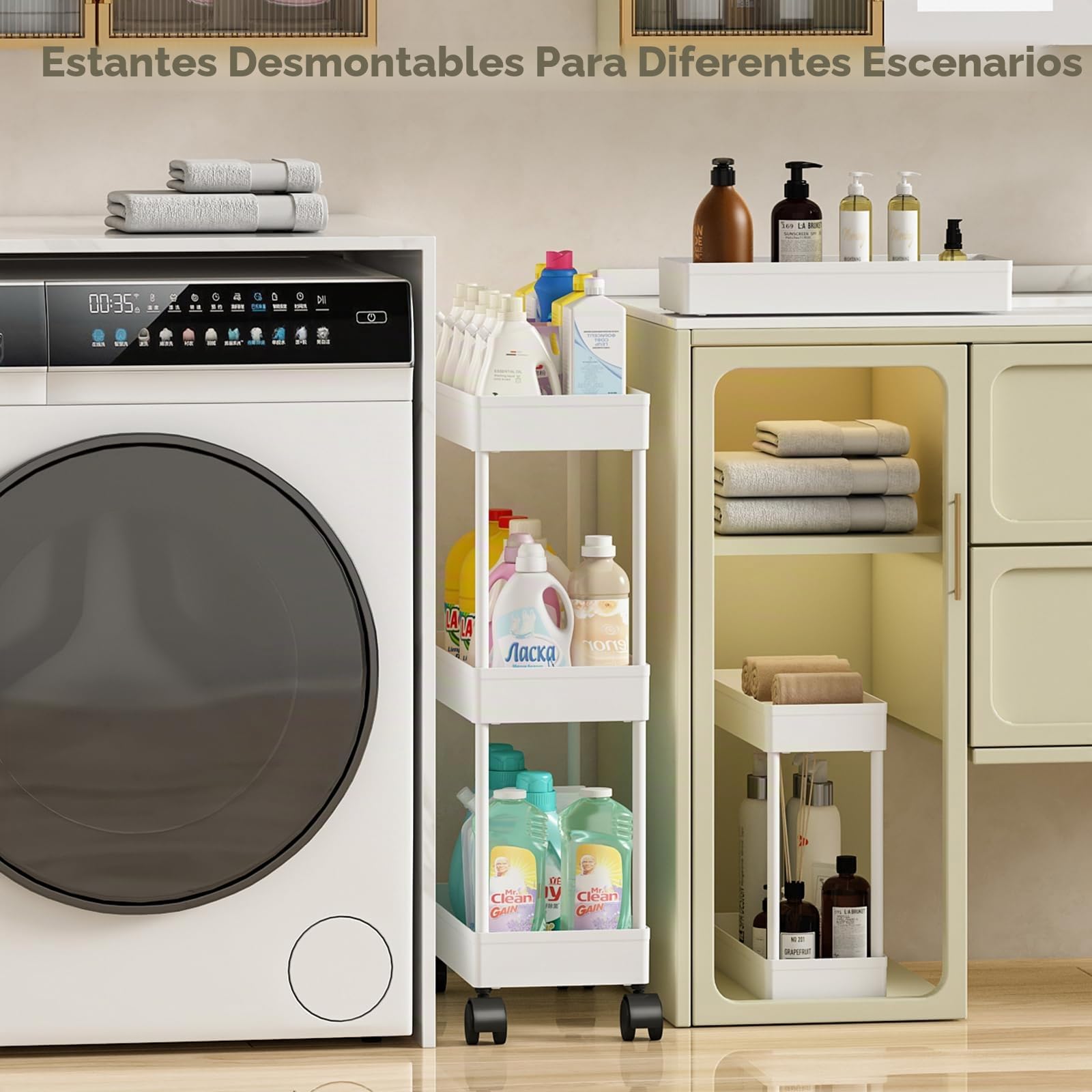 Pack of 3 Carrito Auxiliar Baño con Ruedas 3 Niveles Ahorro de Espacio Carro Organizador con Ganchos y Tazas de Cocina Oficina (Blanco)