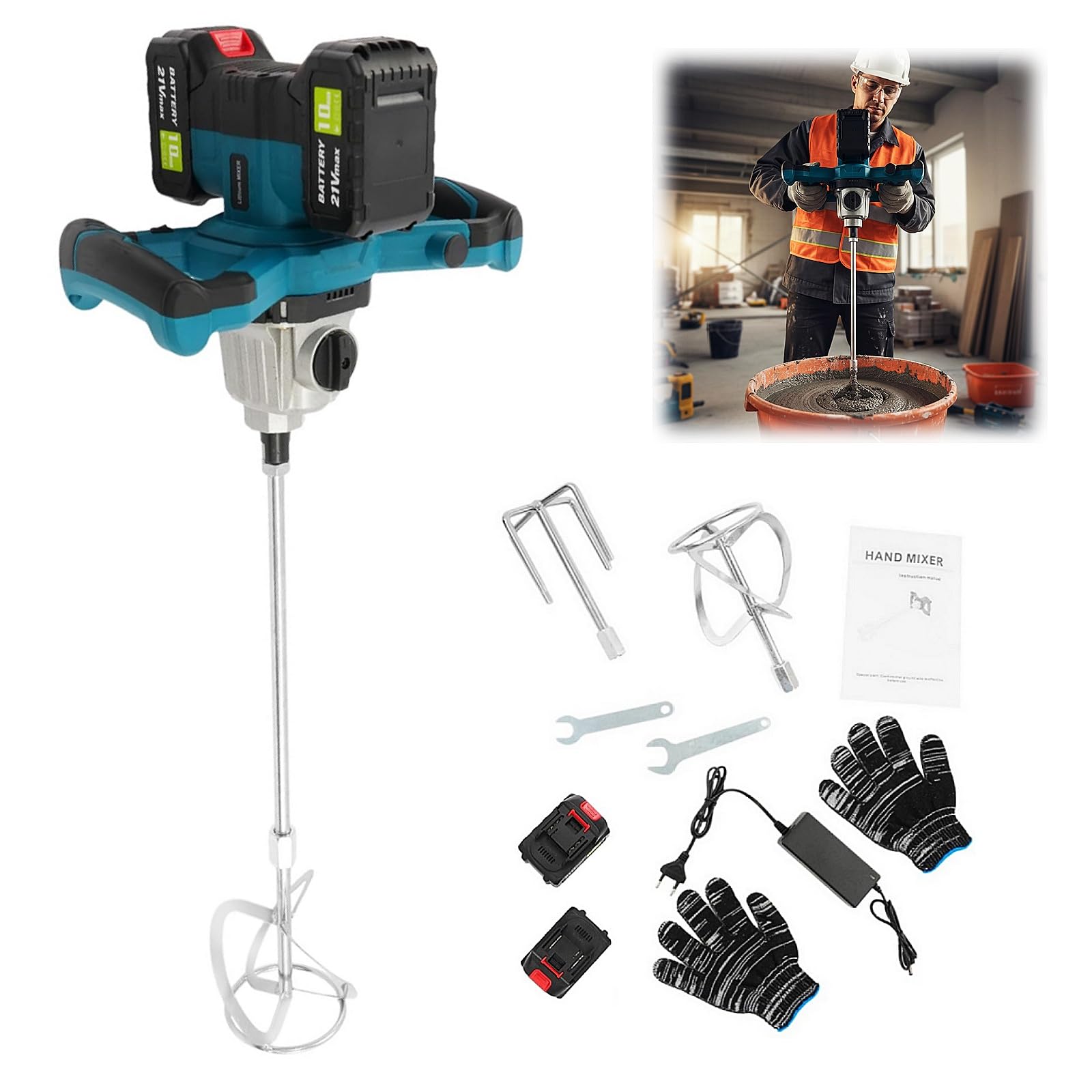 Miscelatore per malta da 1200 W, con cambio a 2 marce, 0 – 580 giri/minuto e 0 – 280 giri/min, agitatore per malta con guanti, asta a spirale da 58 cm