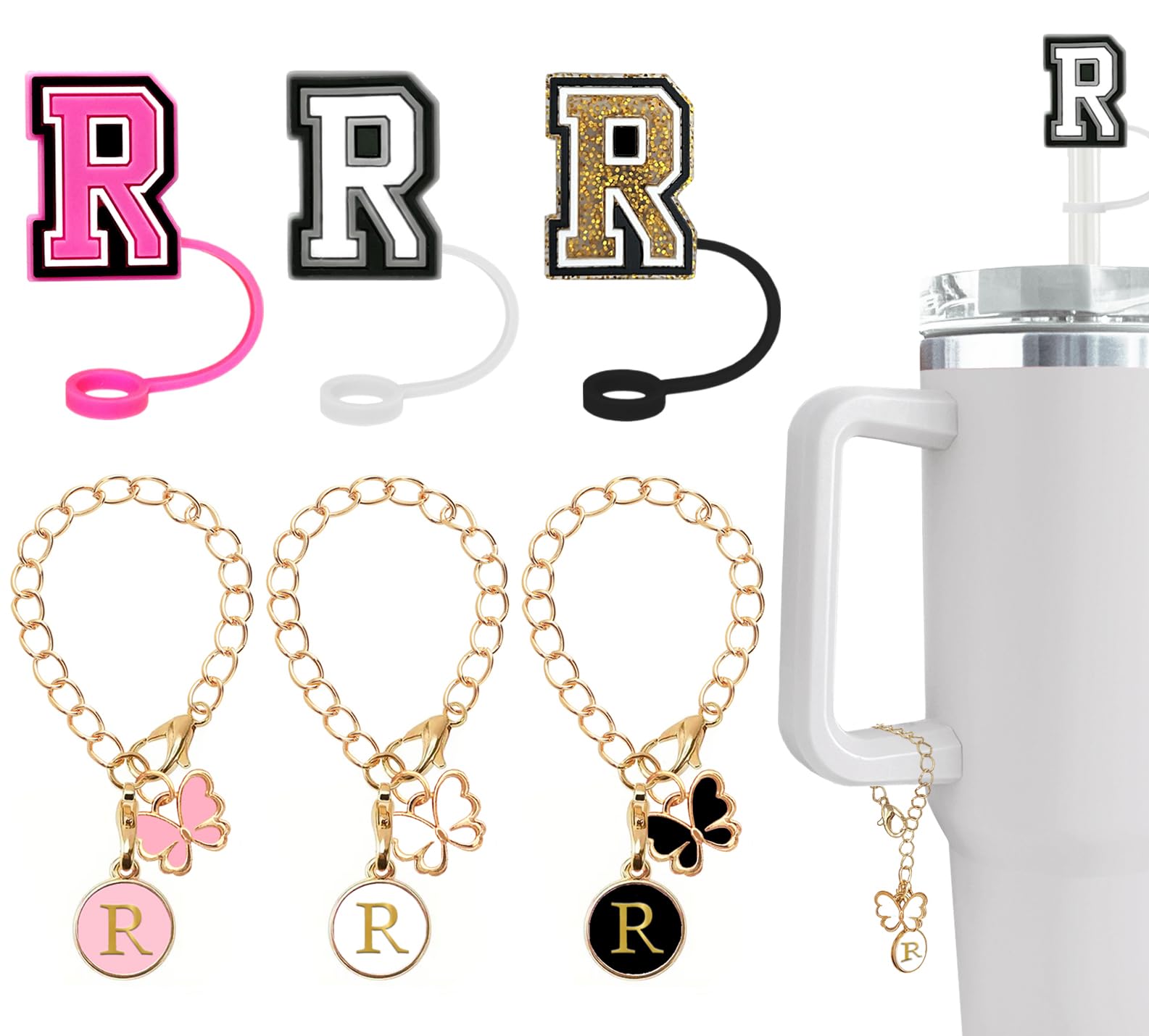 （3 +3) Nuozme Straw Cover Compatible with Stanley Tumbler Cup 3PCS Letter Straw Caps Toppers with 3 Initial Butterfly Charms Name ID For Stanley 30&40