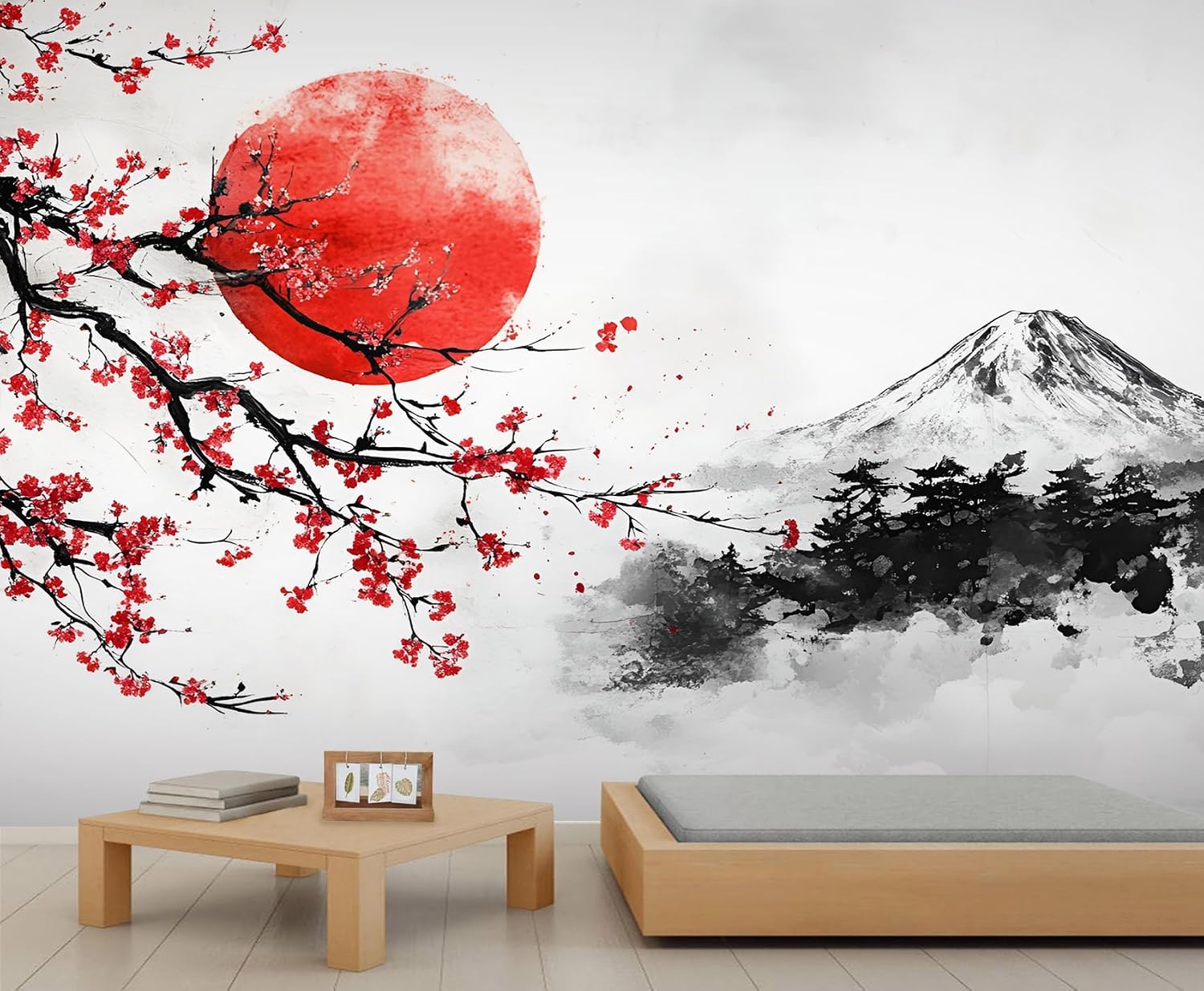 Japanese Wallpaper, Landscape Murals, Red Cherry Blossoms Mural Wallpaper for Boys and Girls Bedroom Wall Decor Large Photo, 78" x 55" (Not Peel n' Stick)