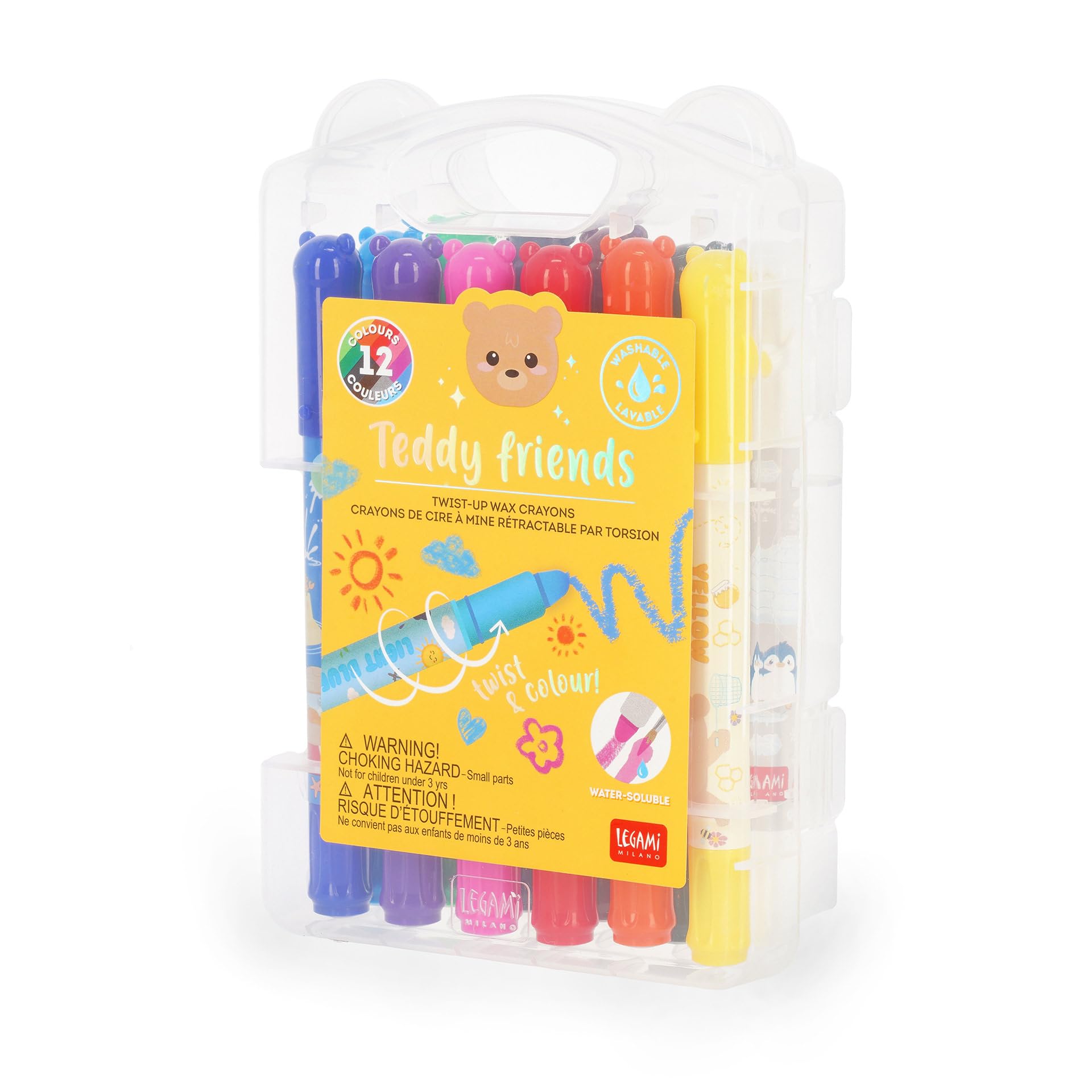 LEGAMI 12 Pack Teddy Friends Wax Crayons Rotating Soft Stroke and Intense Colours Washable 8mm Tip No Sharpening, 1.6 x 13.3 x 1.8 cm