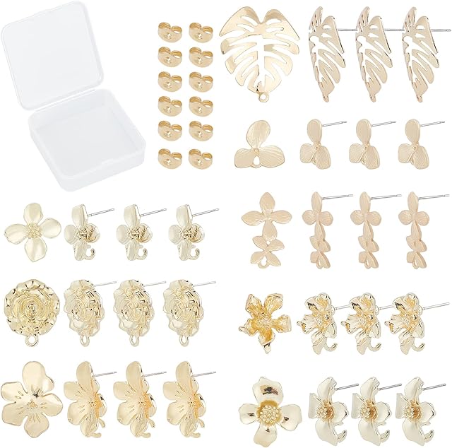 SUNNYCLUE 1 Box DIY 16 Pairs Flower Leaf Stud Earring Findings Stainless Steel Earrings Findings Flower Ear Post with Ear Nuts for DIY Earring Jewelry Making