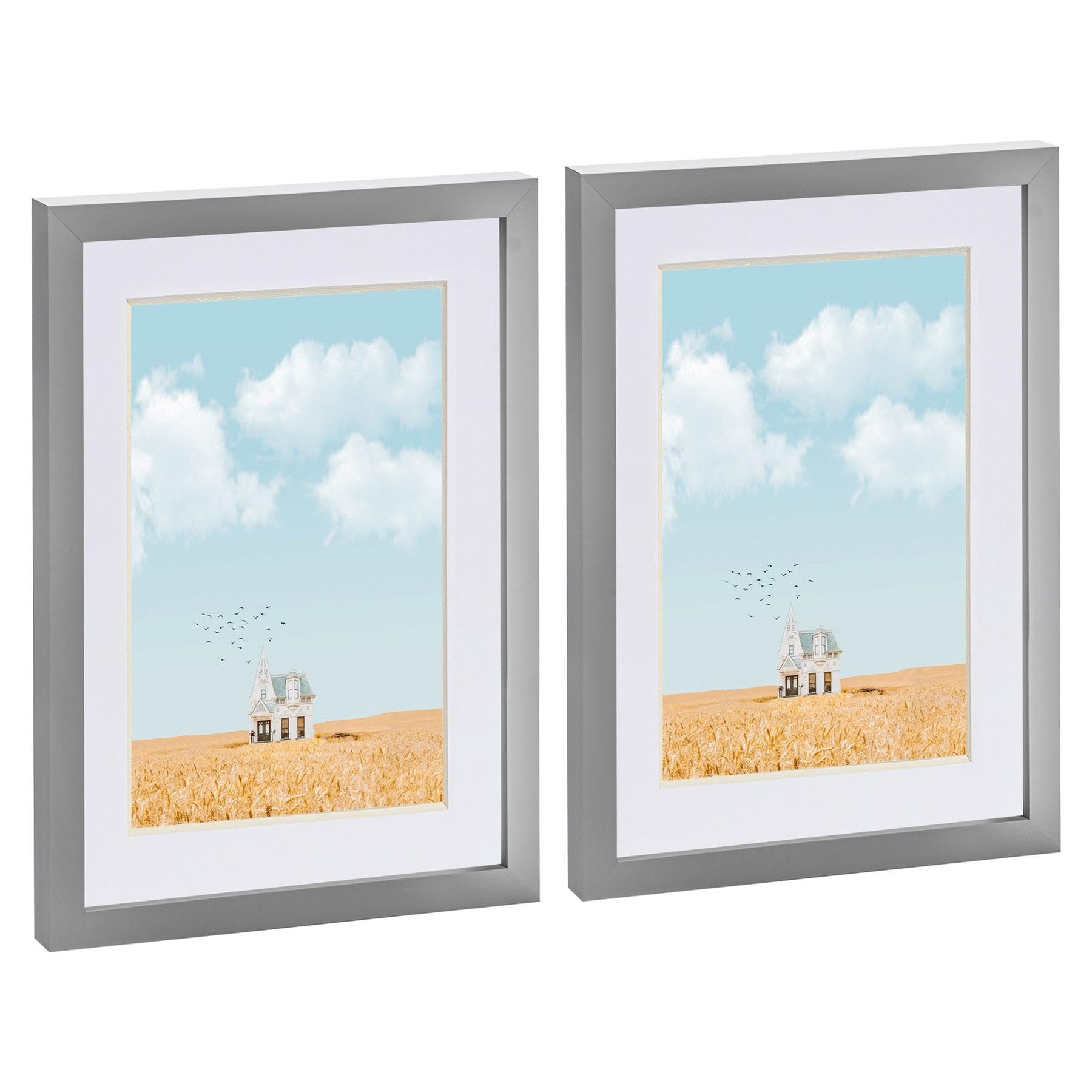 Nicola Spring 2x Grey A4 (8" x 12") Photo Frames with White A5 Mount - Glass Aperture Home Picture Wall Hanging Landscape Portrait Display