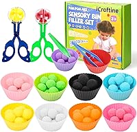 iCraftine 114PCS Sensory Bin Filler: Pom Poms, 10 Sorting Bowls, Tweezers & Scissors for Fine Motor Skills, Counting & Color Sorting - Kids Ages 3+