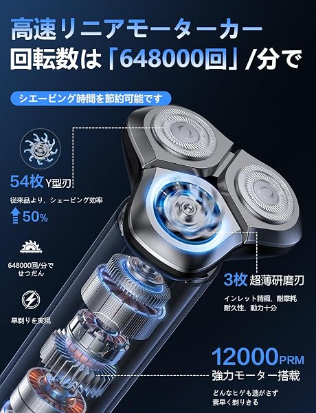 シェーバー ひげそり 電動シェーバー 【2026新進化・54枚刃】髭剃り 電動 360°回転式 LED画面 IPX7防水 お風呂 乾湿両用 長持ちバッテリー 軽量・低騒音 ロック機能 type-C急速充電 携帯便利 出張/旅行/車内常備/プレゼント 父の日 - 3