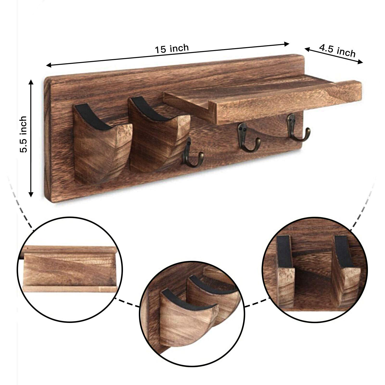 KingPoint Support Mural Bois Pour Guitare Avec Étagère Médiators Et 3 Crochets - Pour Guitare Électrique Et Acoustique
