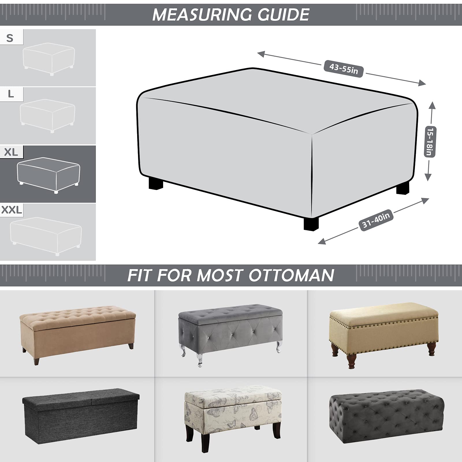 TAOCOCO Ottoman Cover Rectangular Storage Ottoman Slipcover Stretch Footrest Stool Covers Furniture Protectors Spandex Jacquard Fabric with Elastic Band Light Grey