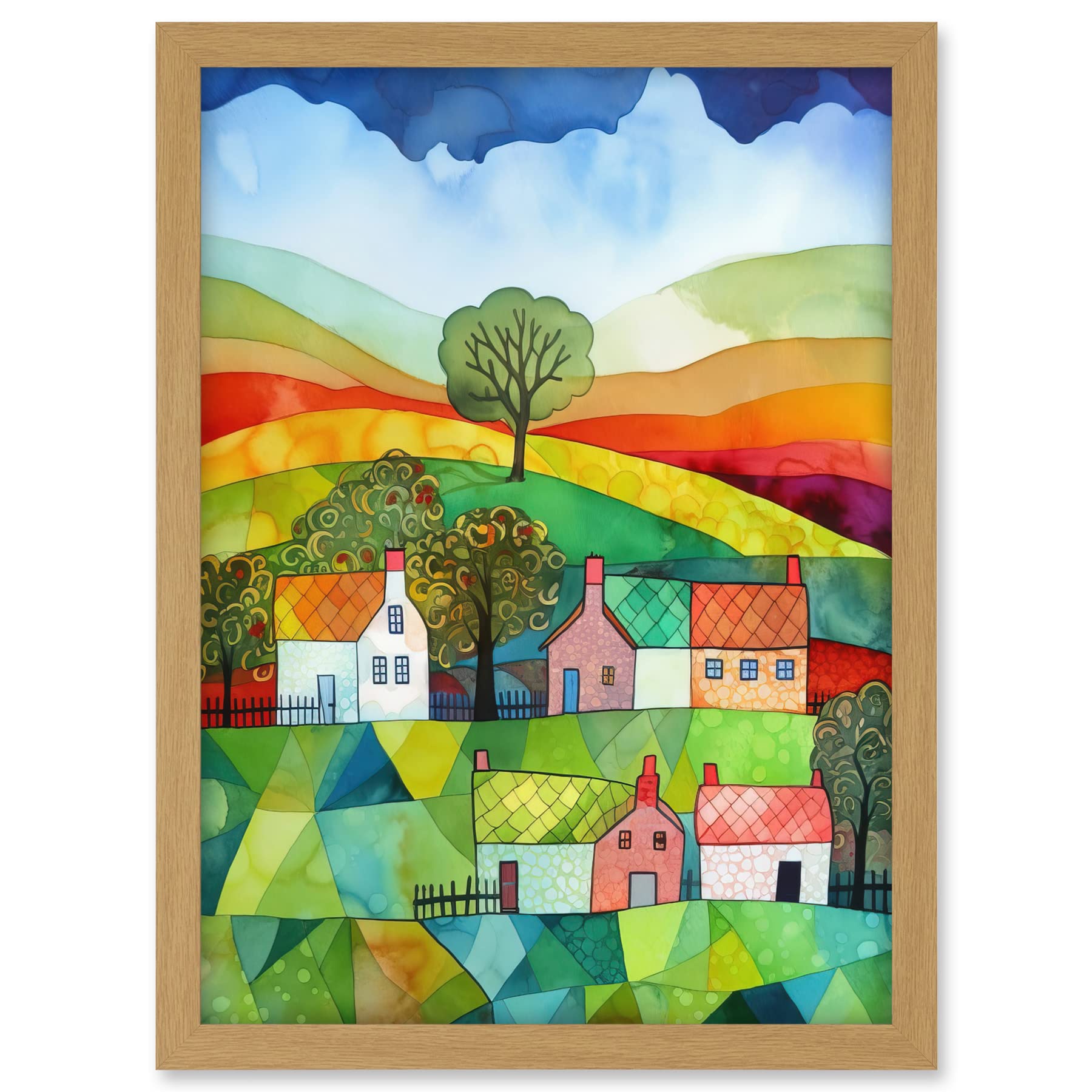Artery8 Rural Landscape Rainbow Countryside Folk Art Watercolour Painting Artwork Framed A3 Wall Art Print