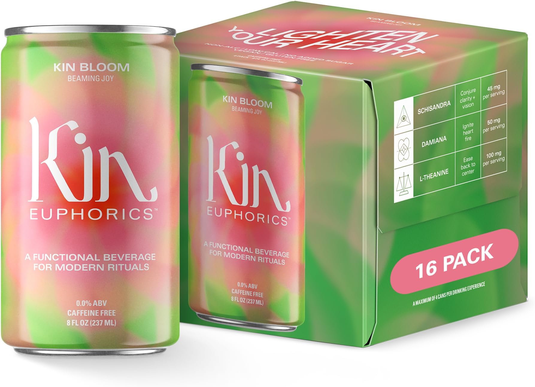 Kin Euphorics Kin Bloom Non-Alcoholic Functional Beverage | All day rosé | Elevate Your Mind & Spirit | Prebiotic | L-Theanine, Schisandra, Damiana | Ready to Drink | 8 Fl Oz (16pk)