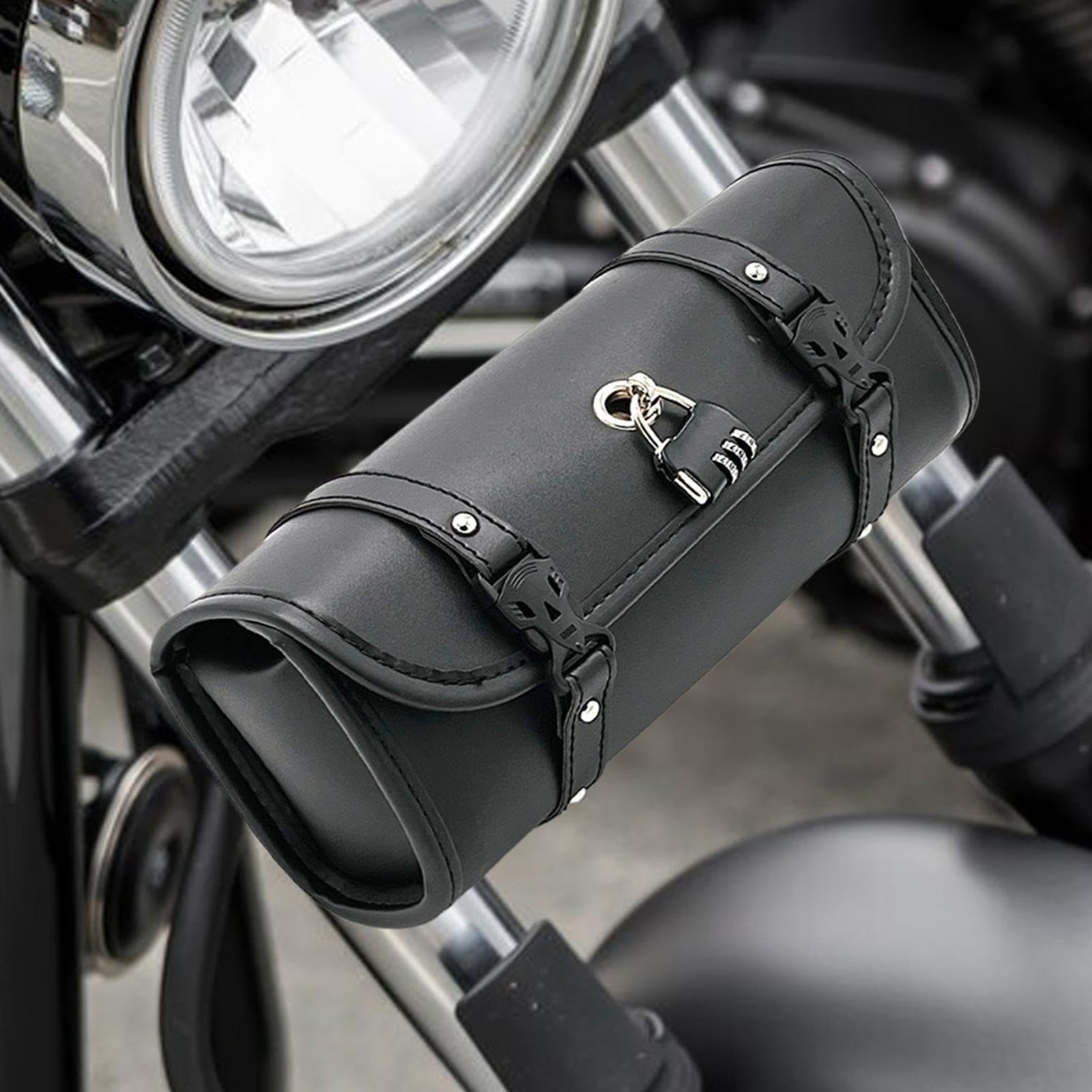 Sacoche de guidon de moto - Sacoche de selle de fourche avant - Sacs imperméables en cuir PU - Ensemble de moto rétro cool - Fourches avant verrouillables - Kit de rangement pour tourisme, trajets