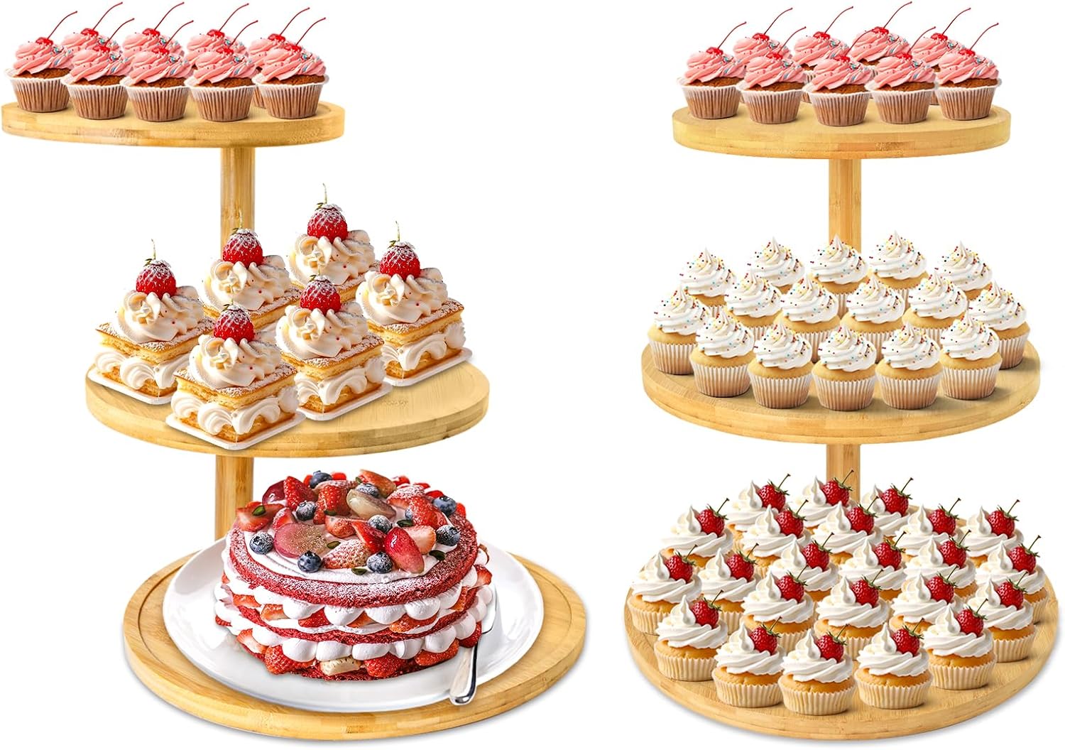 3 Tier Cupcake Stand, Wood Cupcake Tower Stand 50 Cupcakes, Large Round Rotatable Tiered Tray Cookie Dessert Display Stands for Wedding Birthday Baby Shower Party