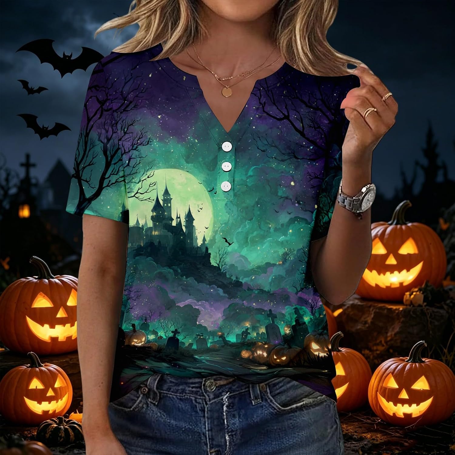 Women's Funny Halloween Graphic Tops, Short Sleeve Button V Neck Fall Casual Shirts, S-3XL