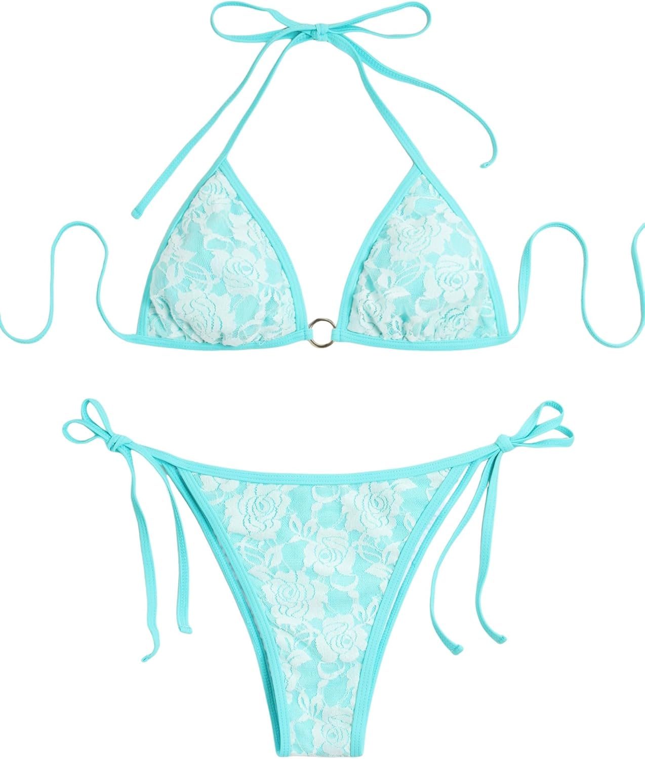 ZAFUL Women's Floral Lace Halter Bikini Set Tie Side Thong Bikini Bottom 2 Piece Swimsuit Bathing Suit
