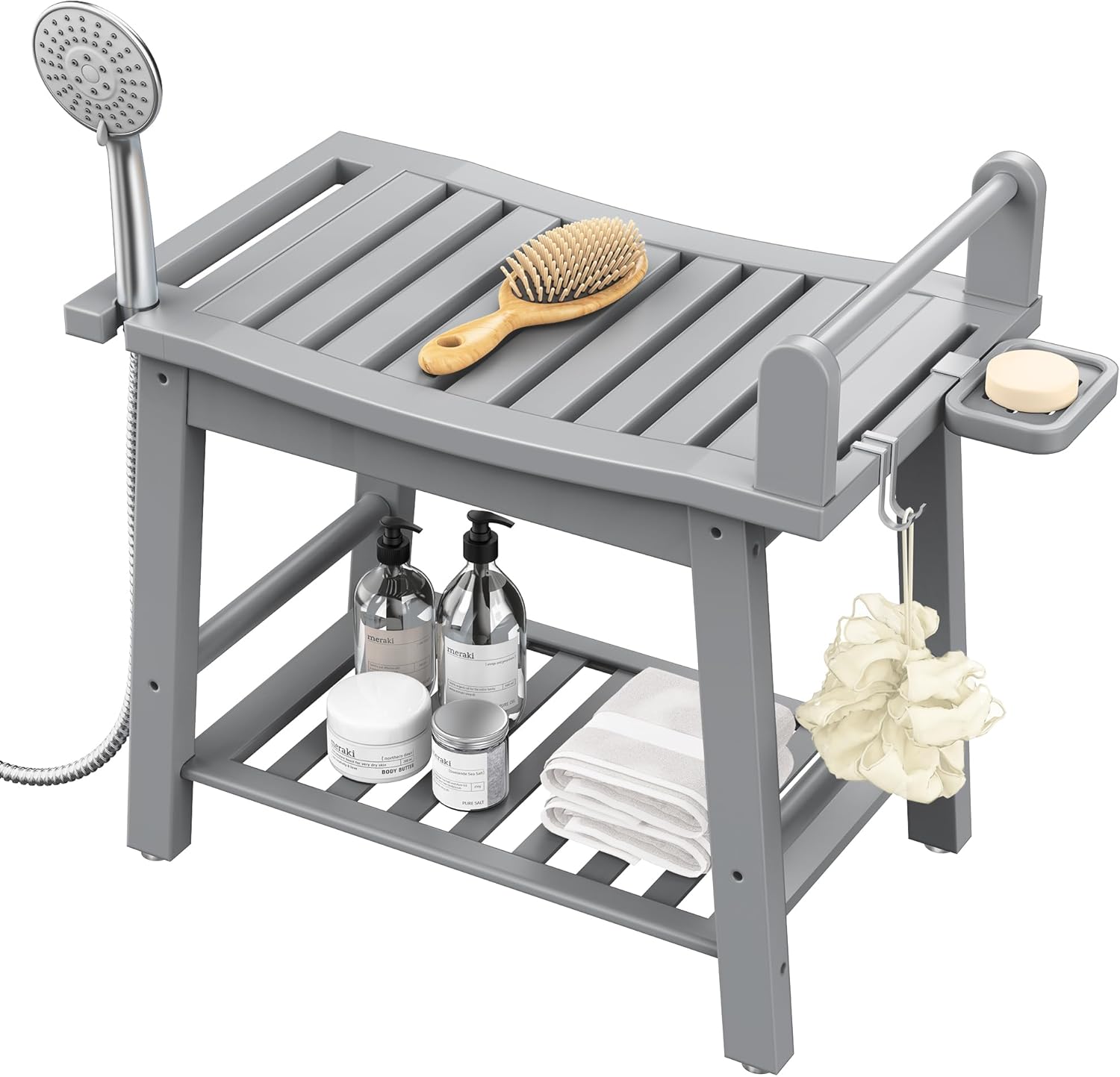 Bamboo Shower Benches for Inside Shower to Sit on, 2-Tier Shower Stool Waterproof with Arm, Heavy Duty Bathroom Bench with Storage Shelf and Shower Header Holder for Seniors, Disabled, Women, Gray