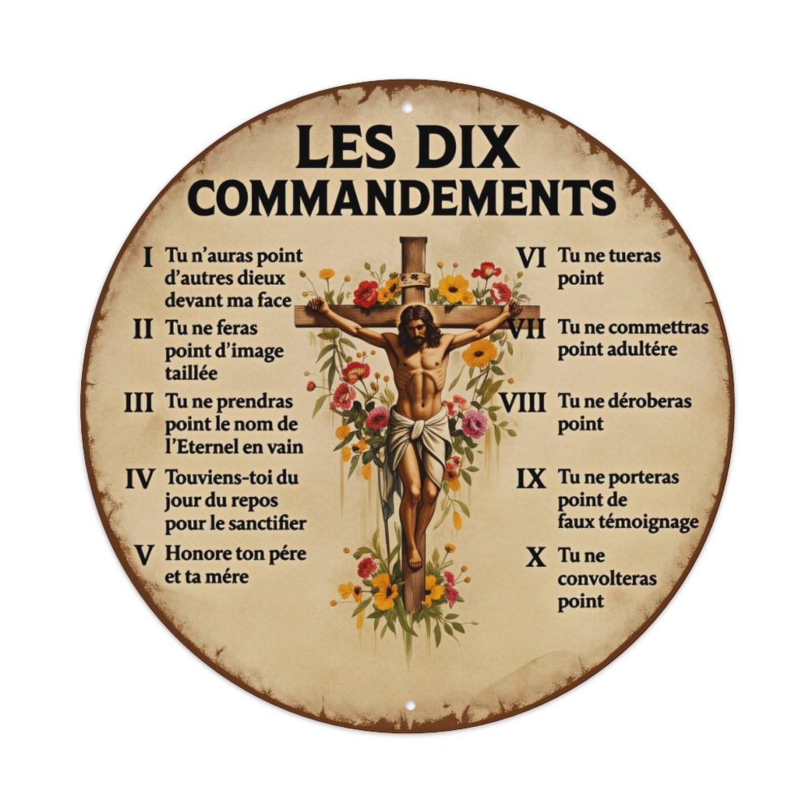 Crucifixion Floral Background Commandments Text Round Tin Sign Vintage Metal Poster Retro Bar, Home, Man Cave, Kitchen, Laundry Room Wall Art Decor Gift 8x8Inch