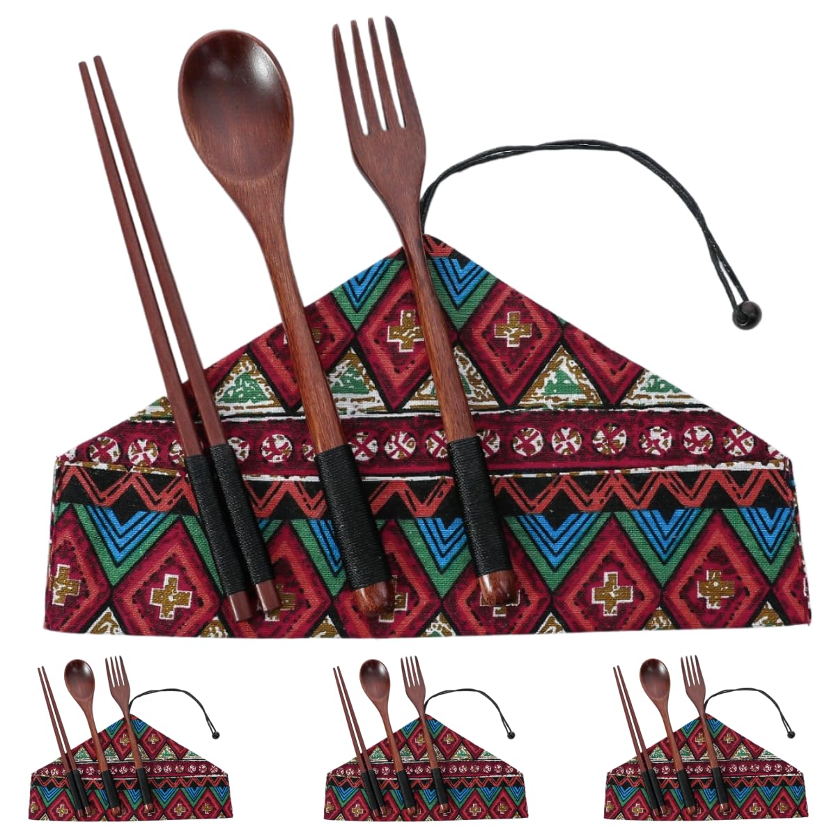 Cucchiai E Forchette Di Legno Set Portatile Di Bacchette Cucchiai E Forchette In Legno Color Noce Stile Etnico Rosso 4 Set